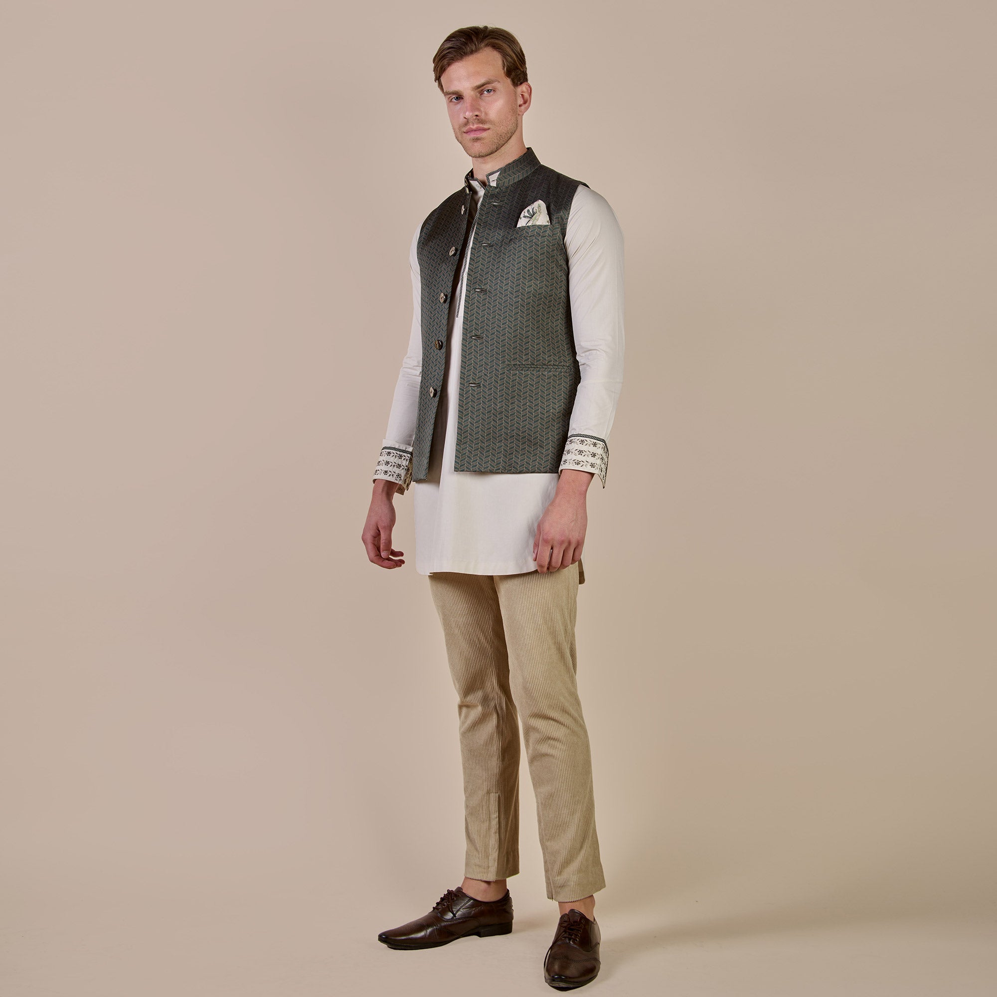Olive Green Tonal Chevron Nehru Jacket | CHHĒ
