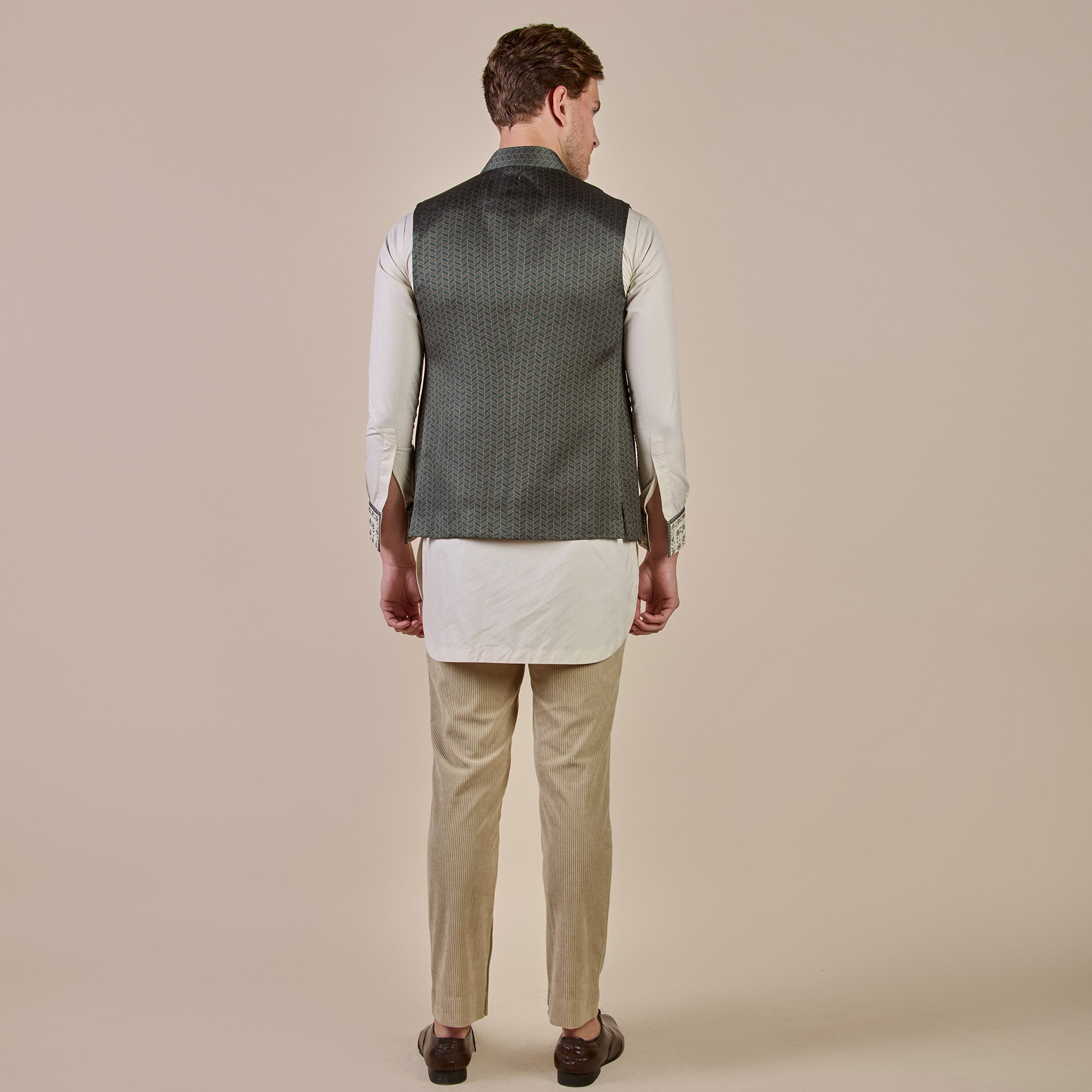Olive Green Tonal Chevron Nehru Jacket | CHHĒ