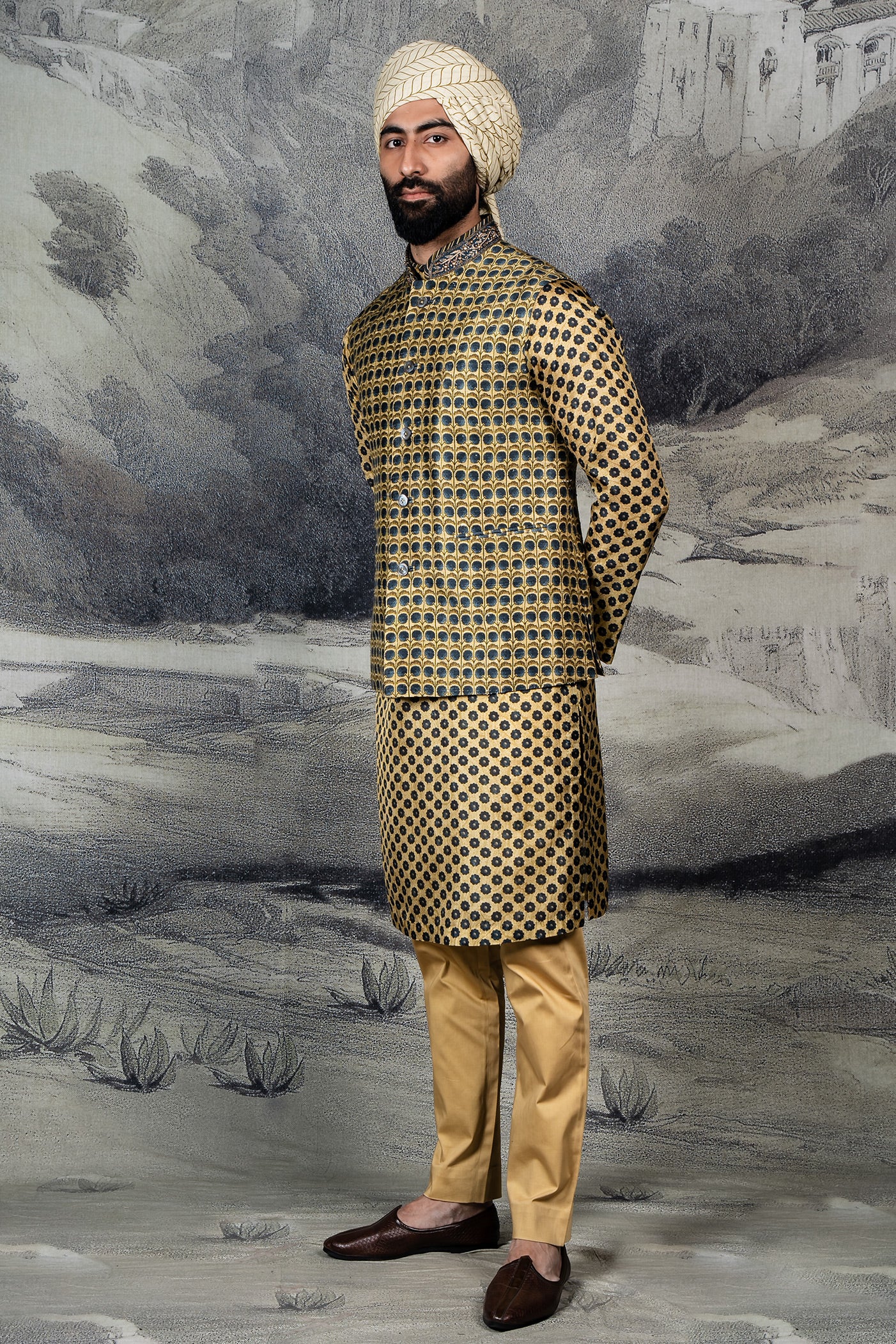 Olive Mustard - Midnight Blue Nehru Jacket Set | BARODA
