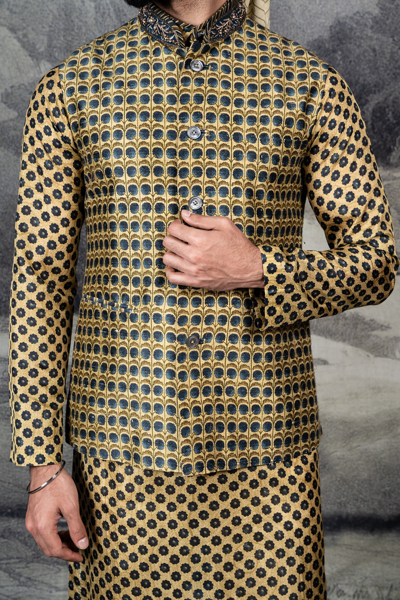 Olive Mustard - Midnight Blue Nehru Jacket Set | BARODA