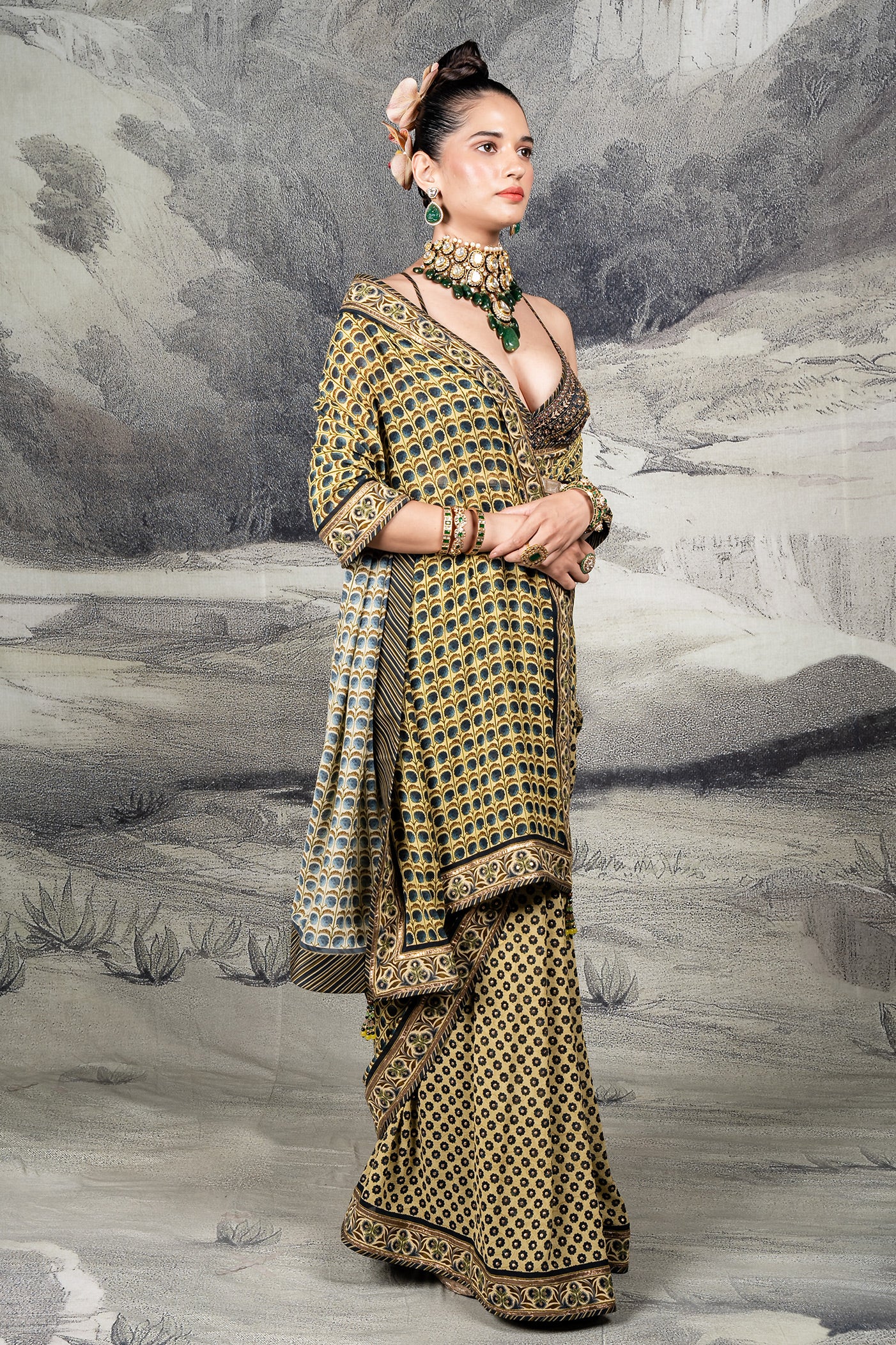 Olive Mustard - Midnight Blue Saree Set | BARODA