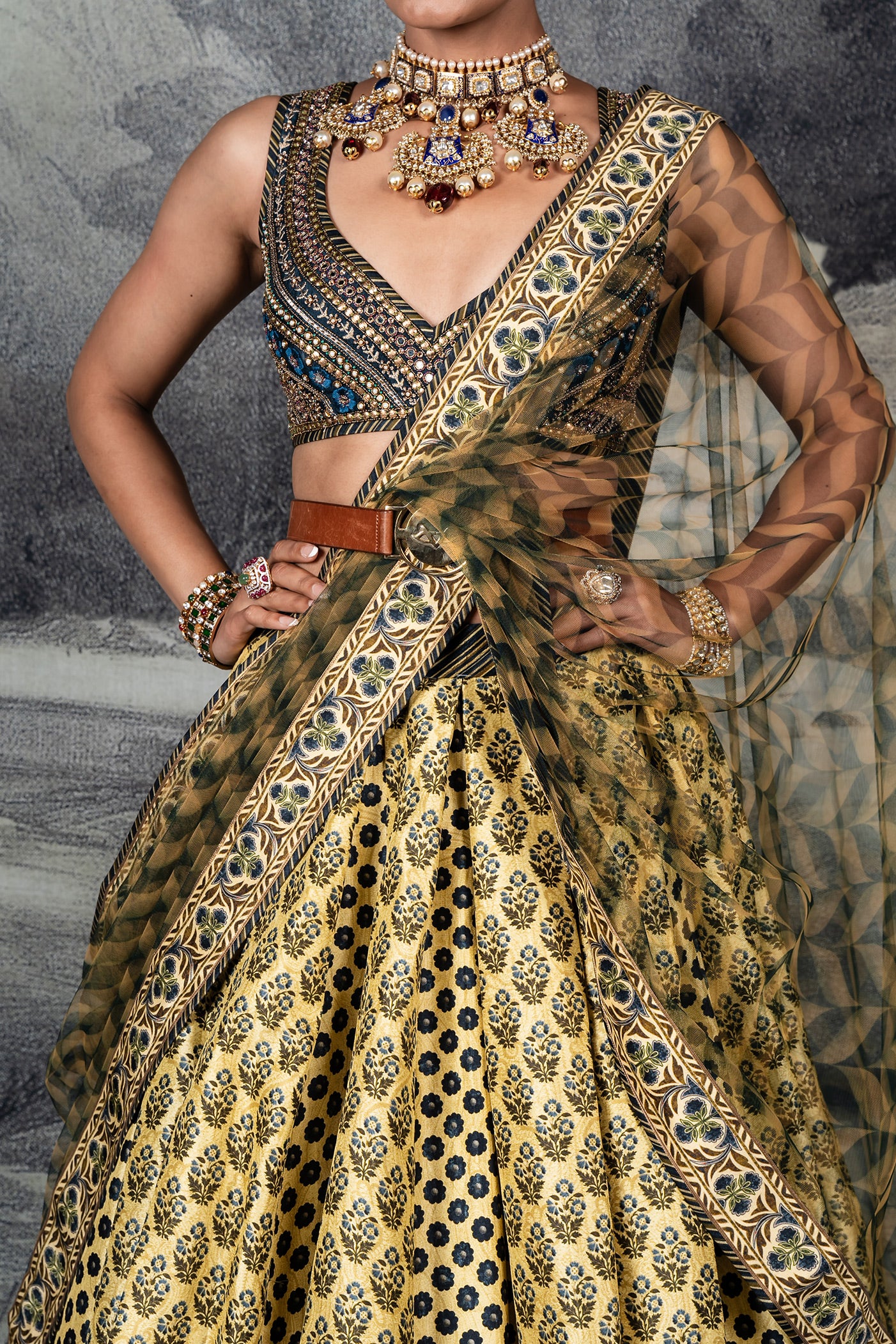 Olive Mustard - Midnight Blue Skirt Set | BARODA