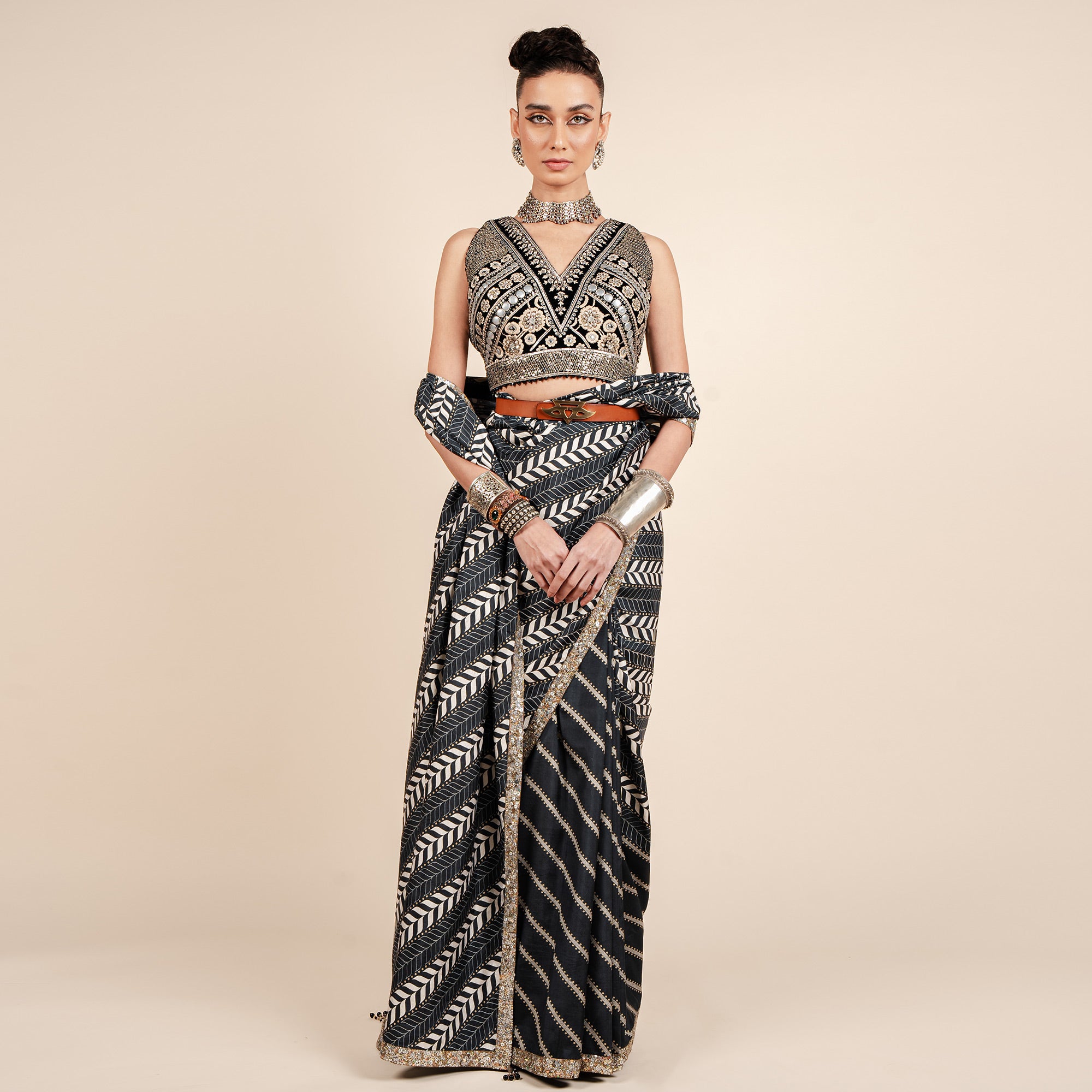 Oxford Blue Chevron Saree Set | CHAR