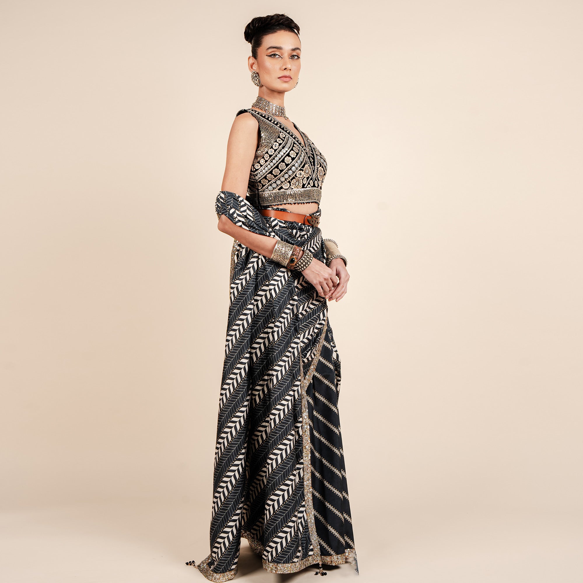 Oxford Blue Chevron Saree Set | CHAR