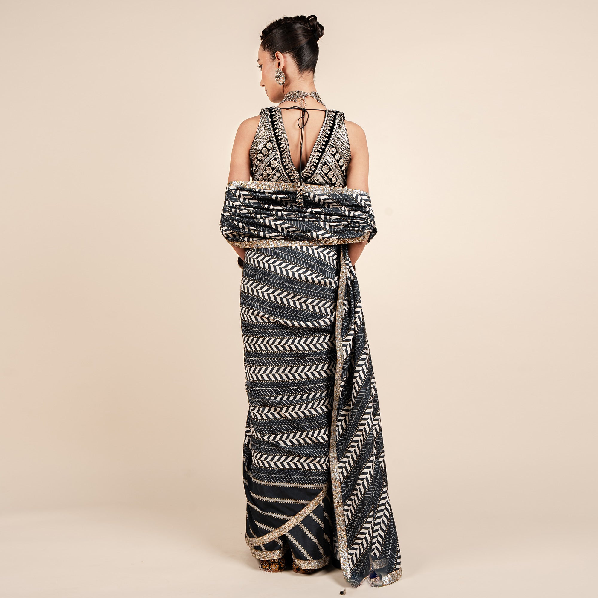 Oxford Blue Chevron Saree Set | CHAR