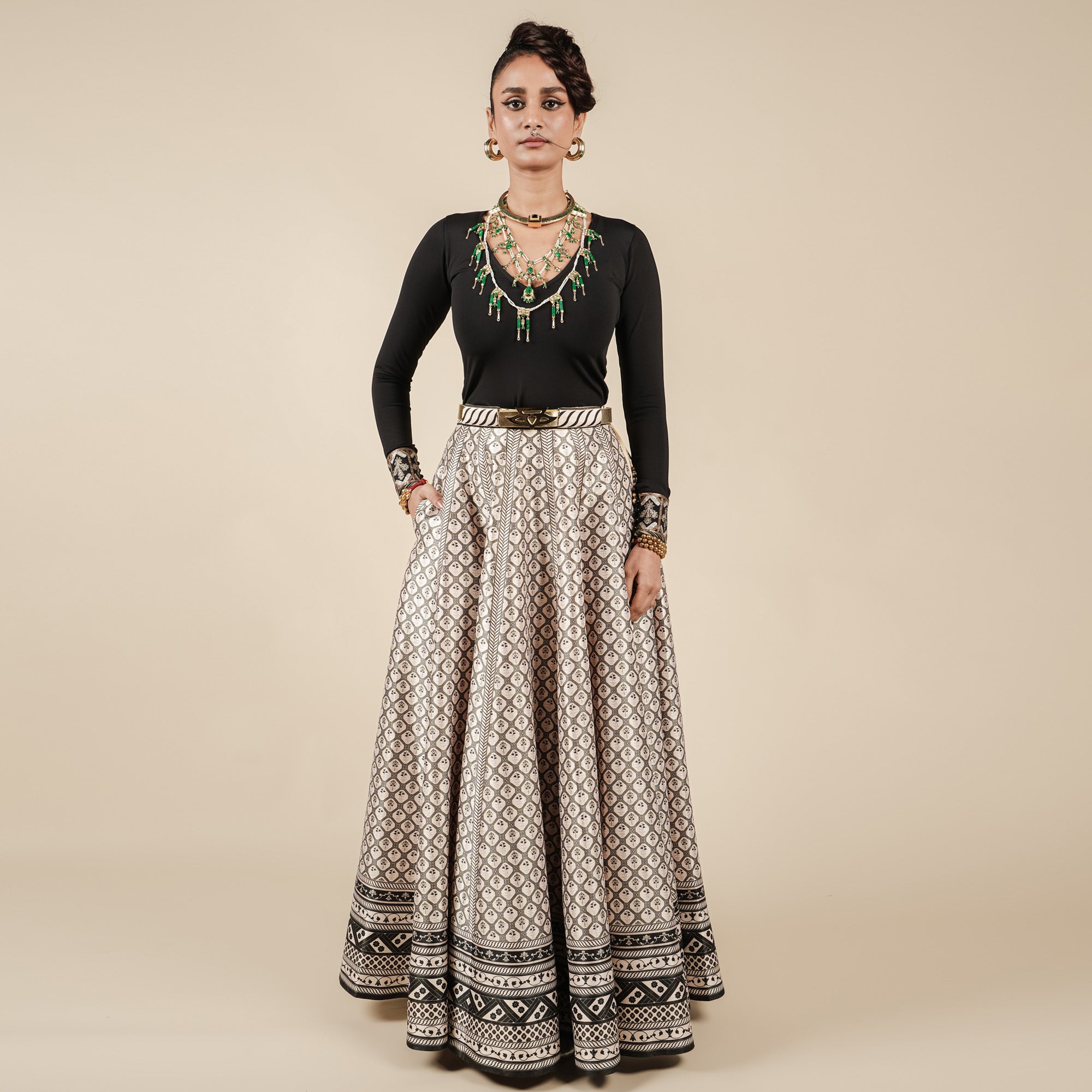 Pearl Ivory - Black Printed Skirt Set | CHAR