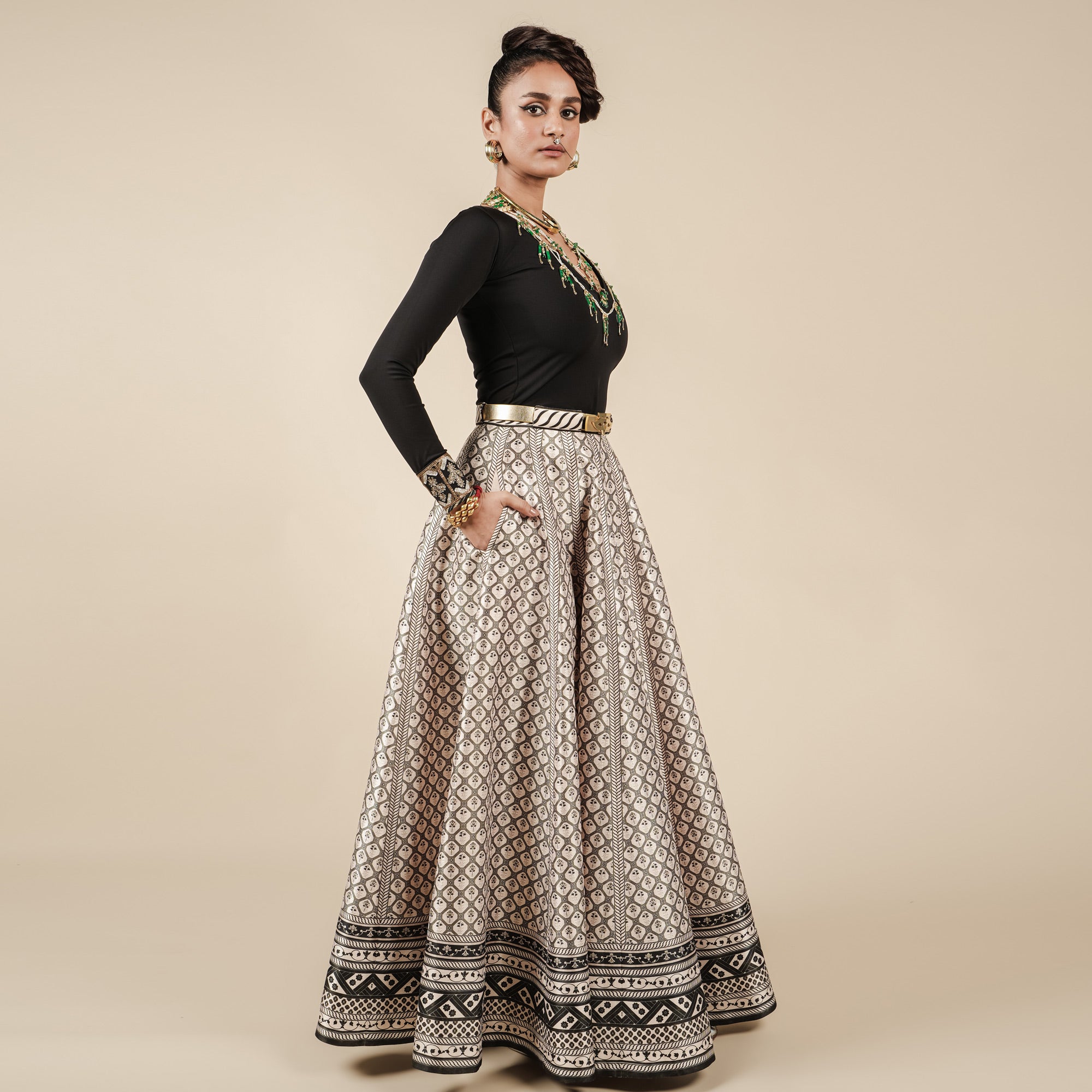 Pearl Ivory - Black Printed Skirt Set | CHAR