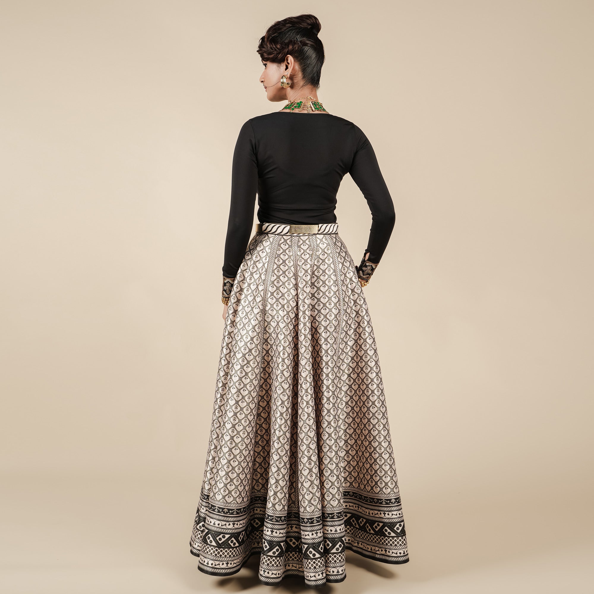 Pearl Ivory - Black Printed Skirt Set | CHAR