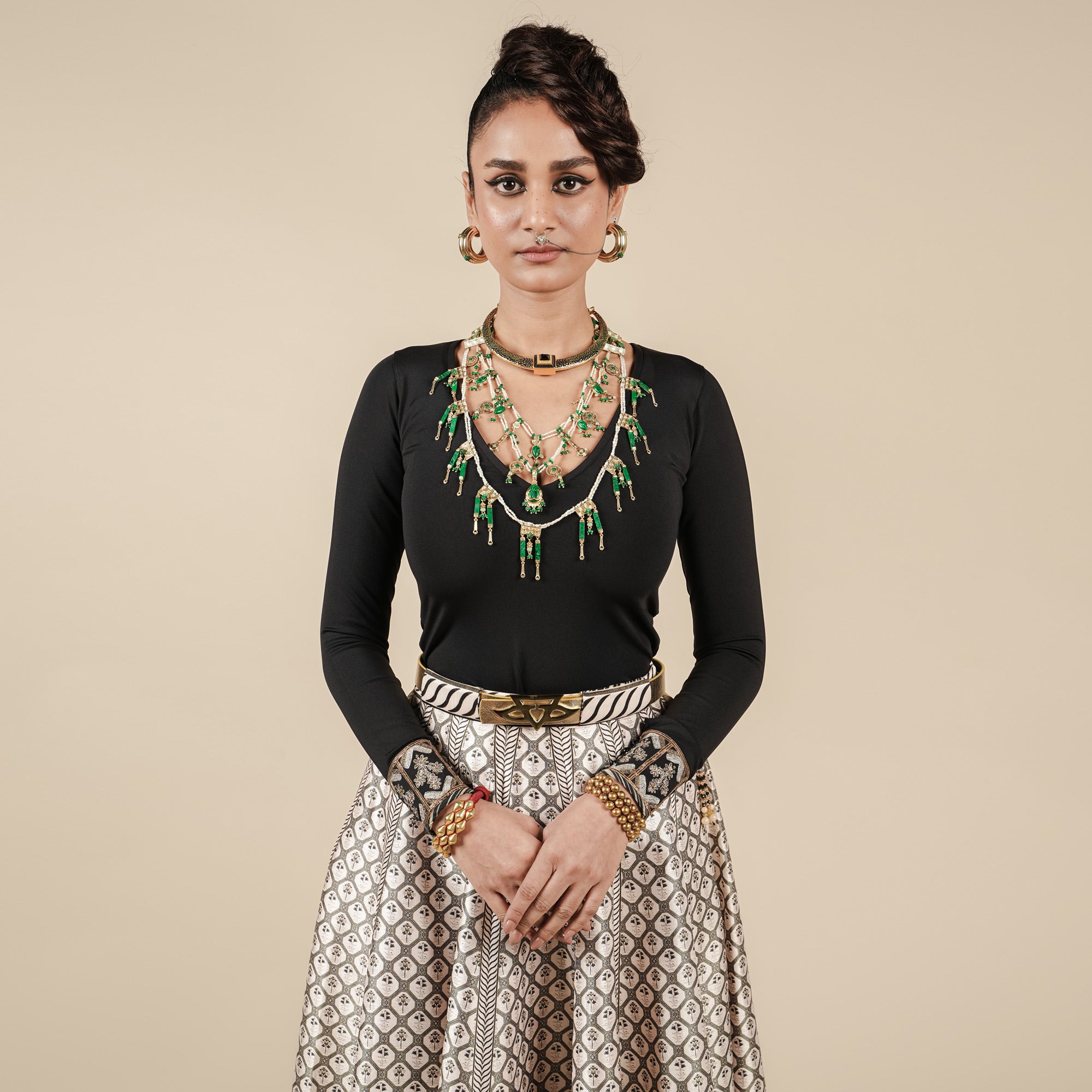 Pearl Ivory - Black Printed Skirt Set | CHAR