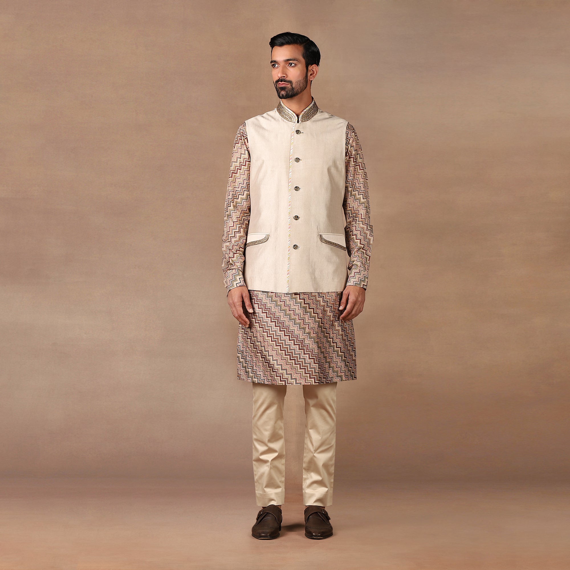 Pearl Ivory - Pink Nehru Jacket Set | MURAQQA