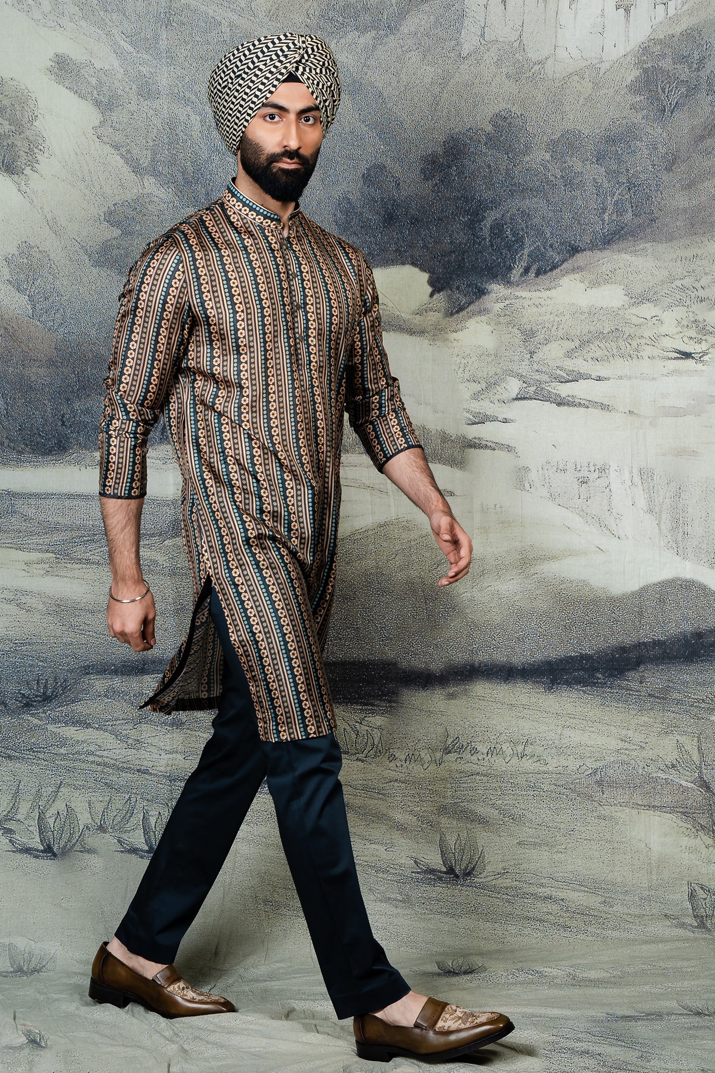 Prussian Blue Printed Kurta Set | BARODA