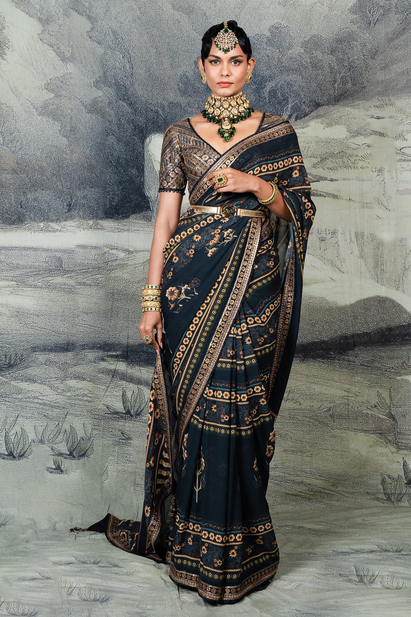 Prussian Blue Stripe Lace Saree with Sequin and Blouse Fabric