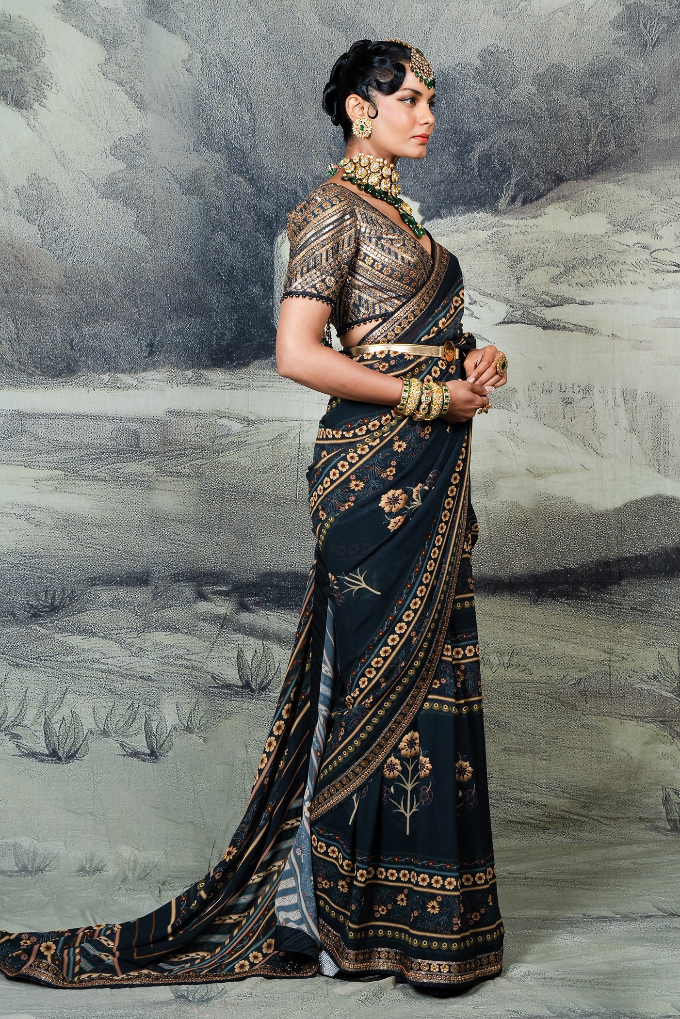 Prussian Blue Saree Set | BARODA