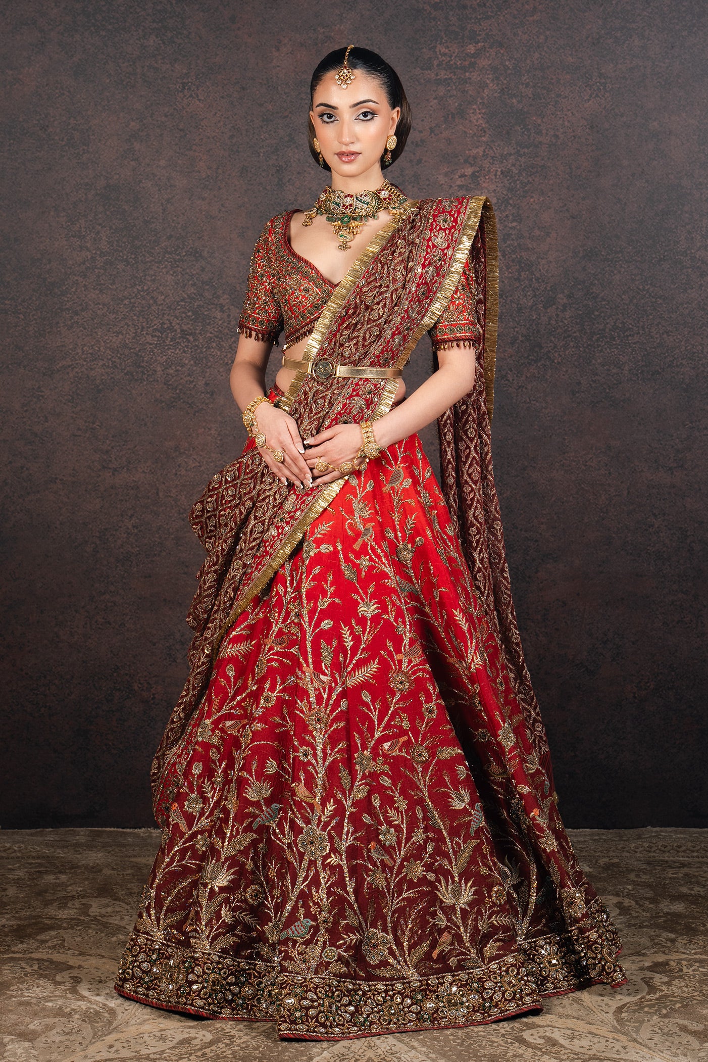 Red - Burgundy Ombre Lehenga Set | MURAQQA