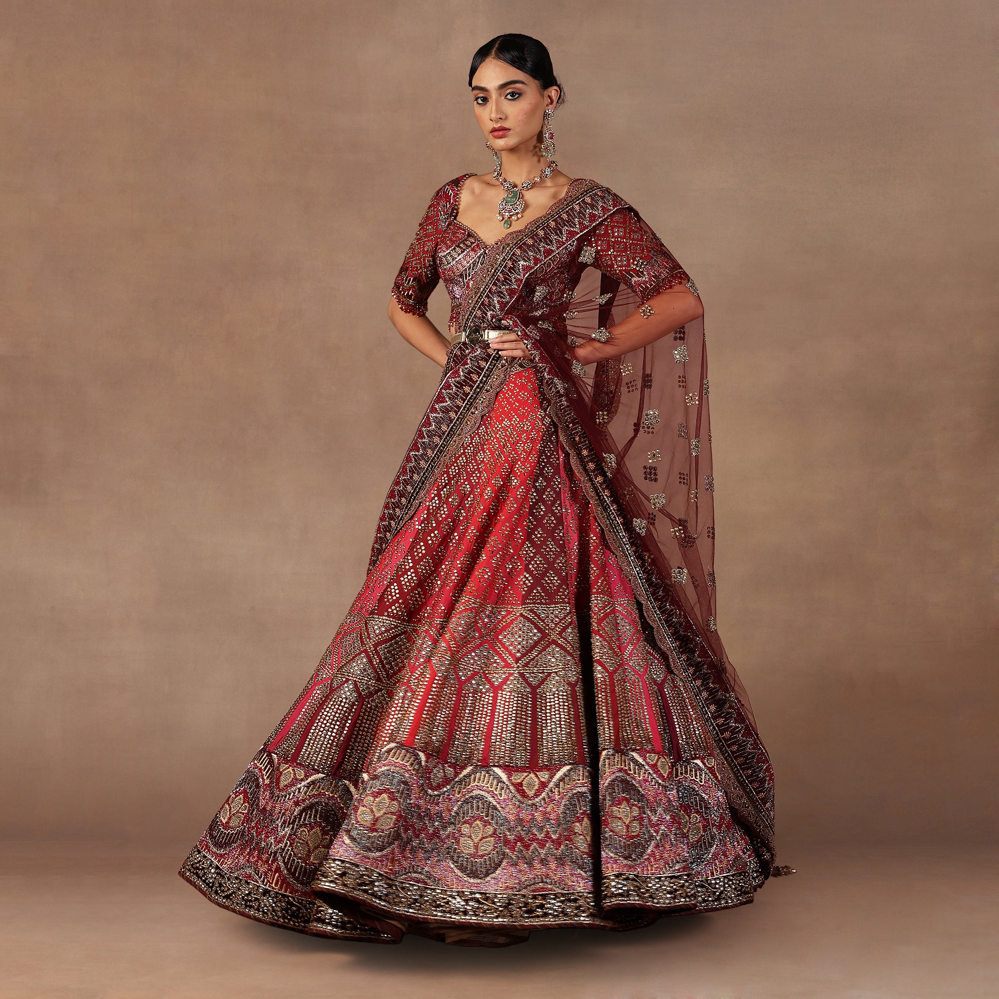 Red - Burgundy Ombre Lehenga Set | EAST