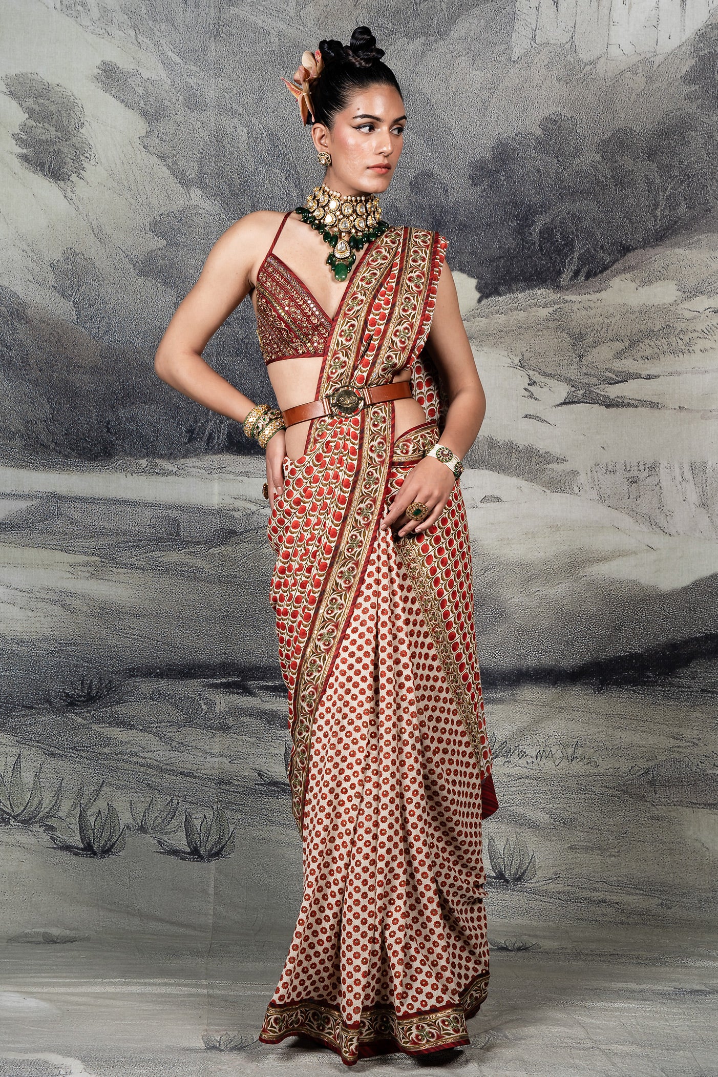 Red - Ivory Saree Set | BARODA
