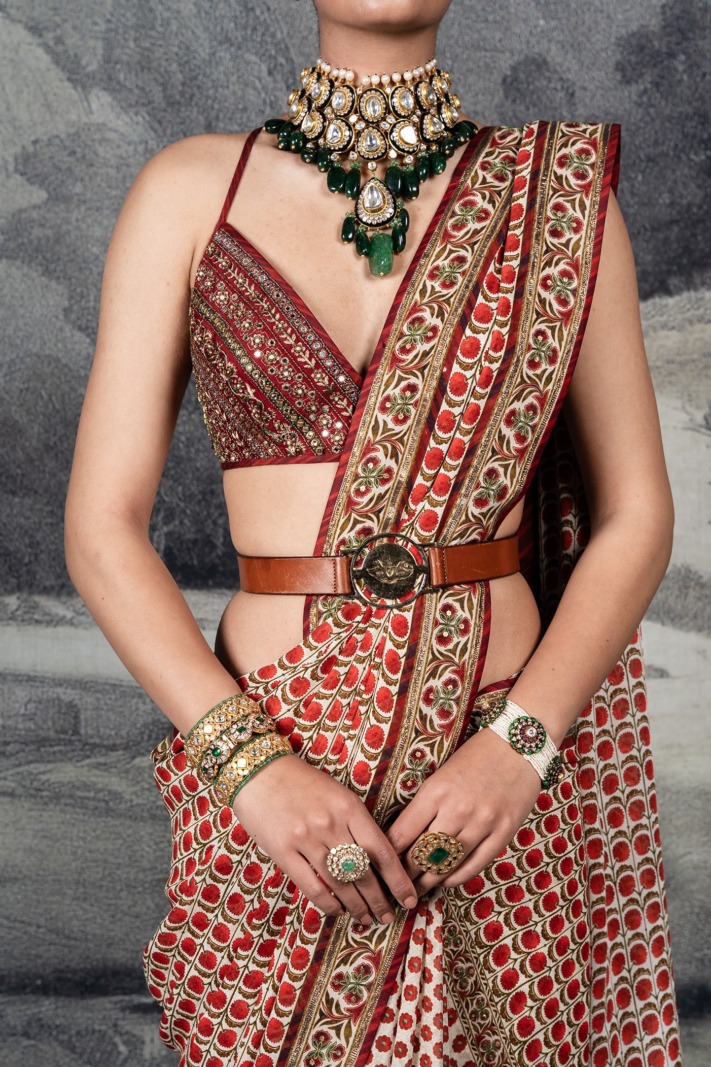 Red - Ivory Saree Set | BARODA