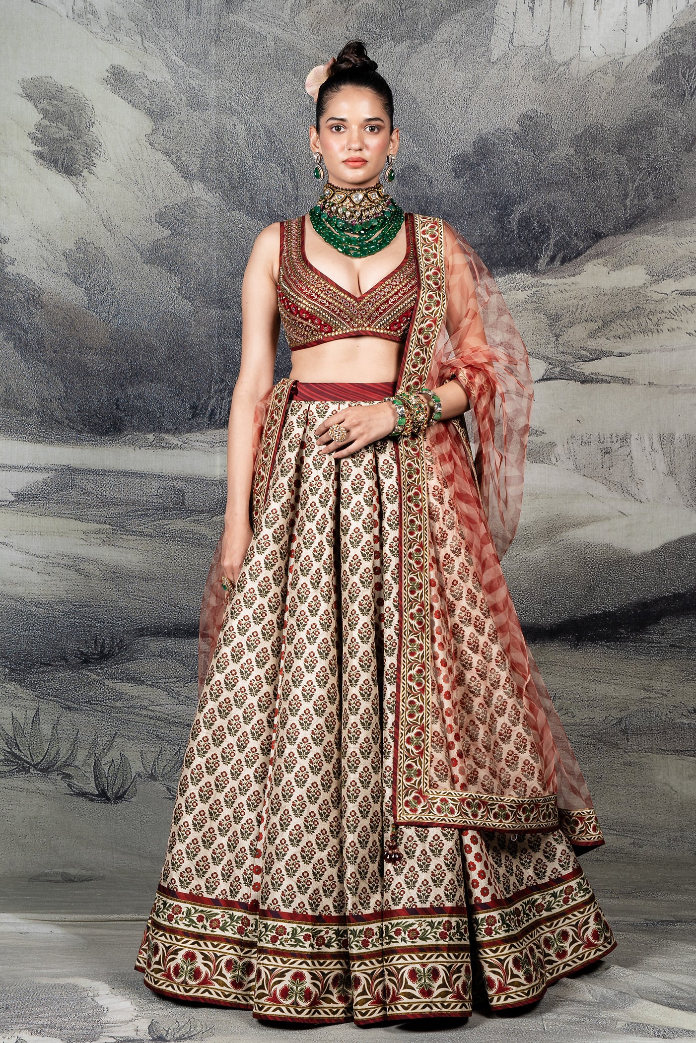 Red - Ivory Skirt Set | BARODA