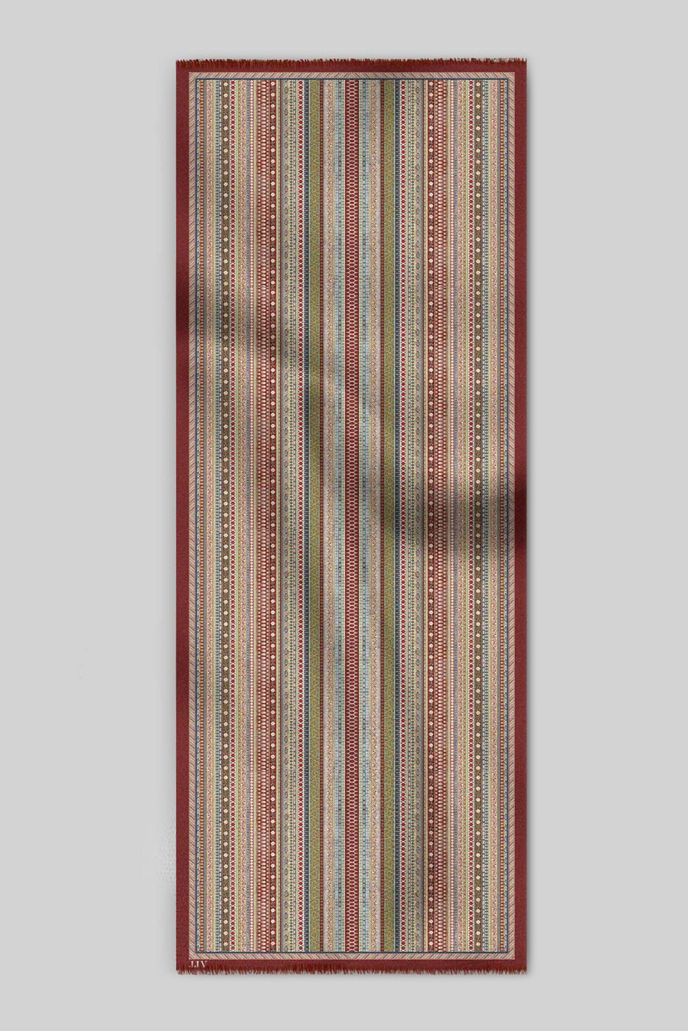 Red - Multi Hued Striped Printed Woollen Scarf