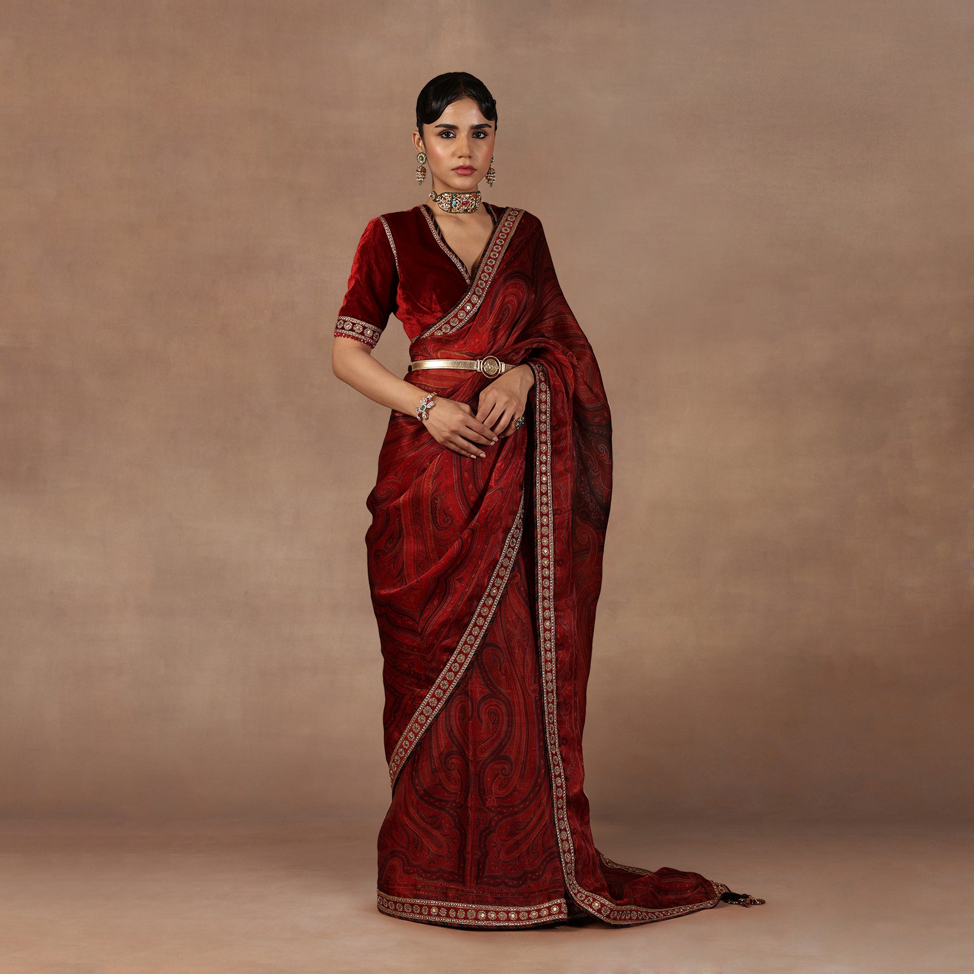 Red Jamawar Saree Set | EAST