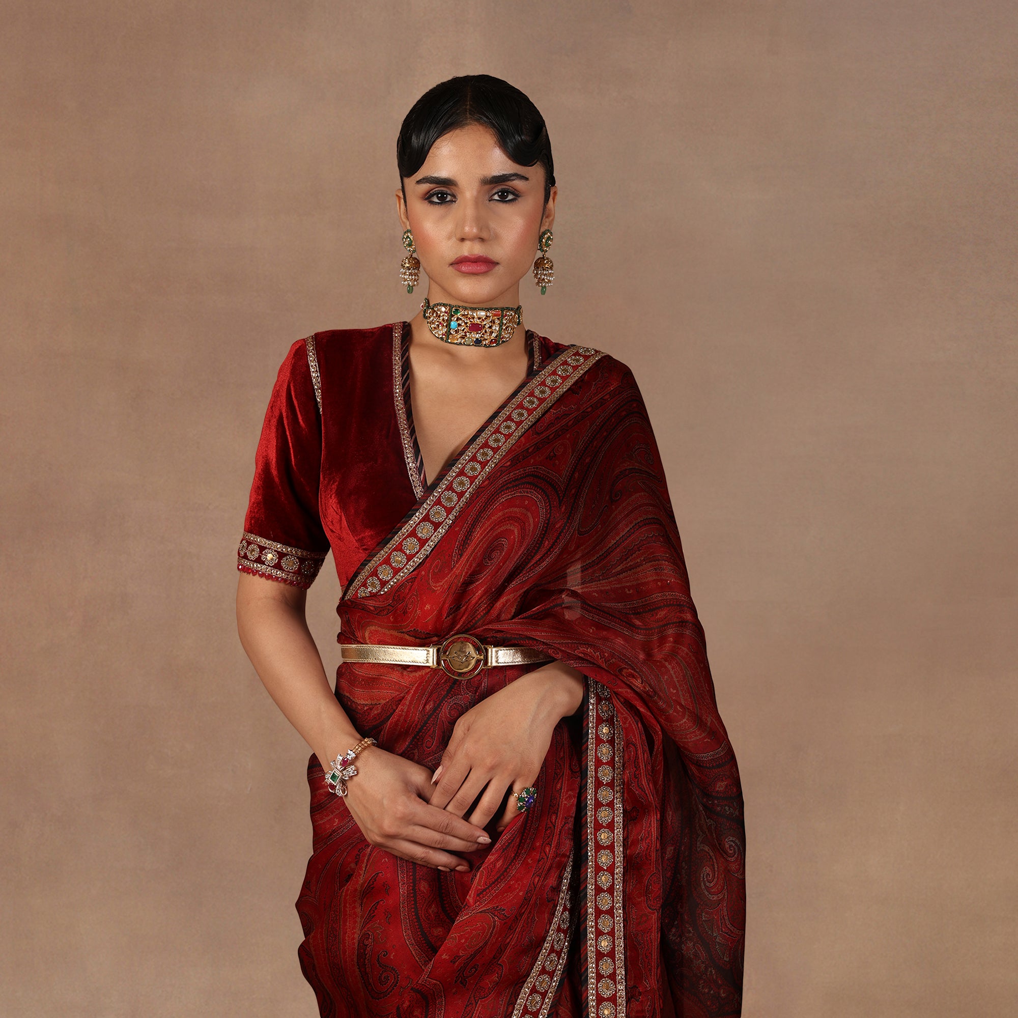 Red Jamawar Saree Set | EAST