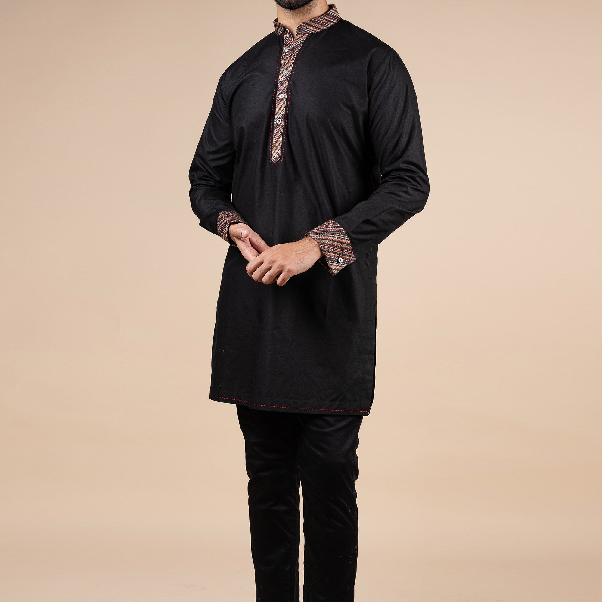 Rich Black Kurta with Striped Accents | PANJ