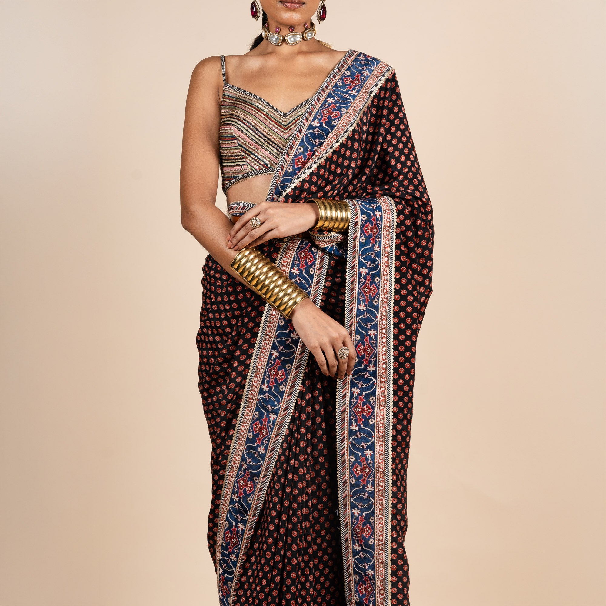 Rich Black Printed Saree Set | PANJ