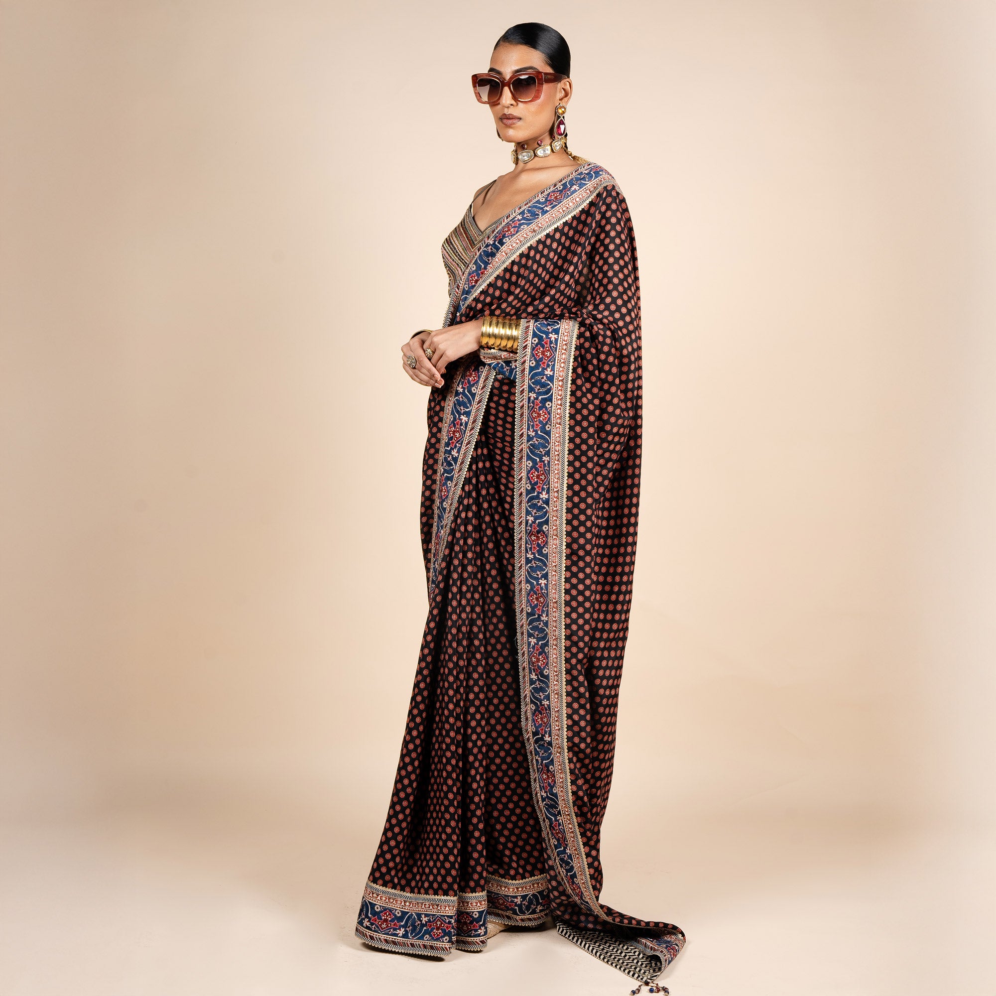 Rich Black Printed Saree Set | PANJ