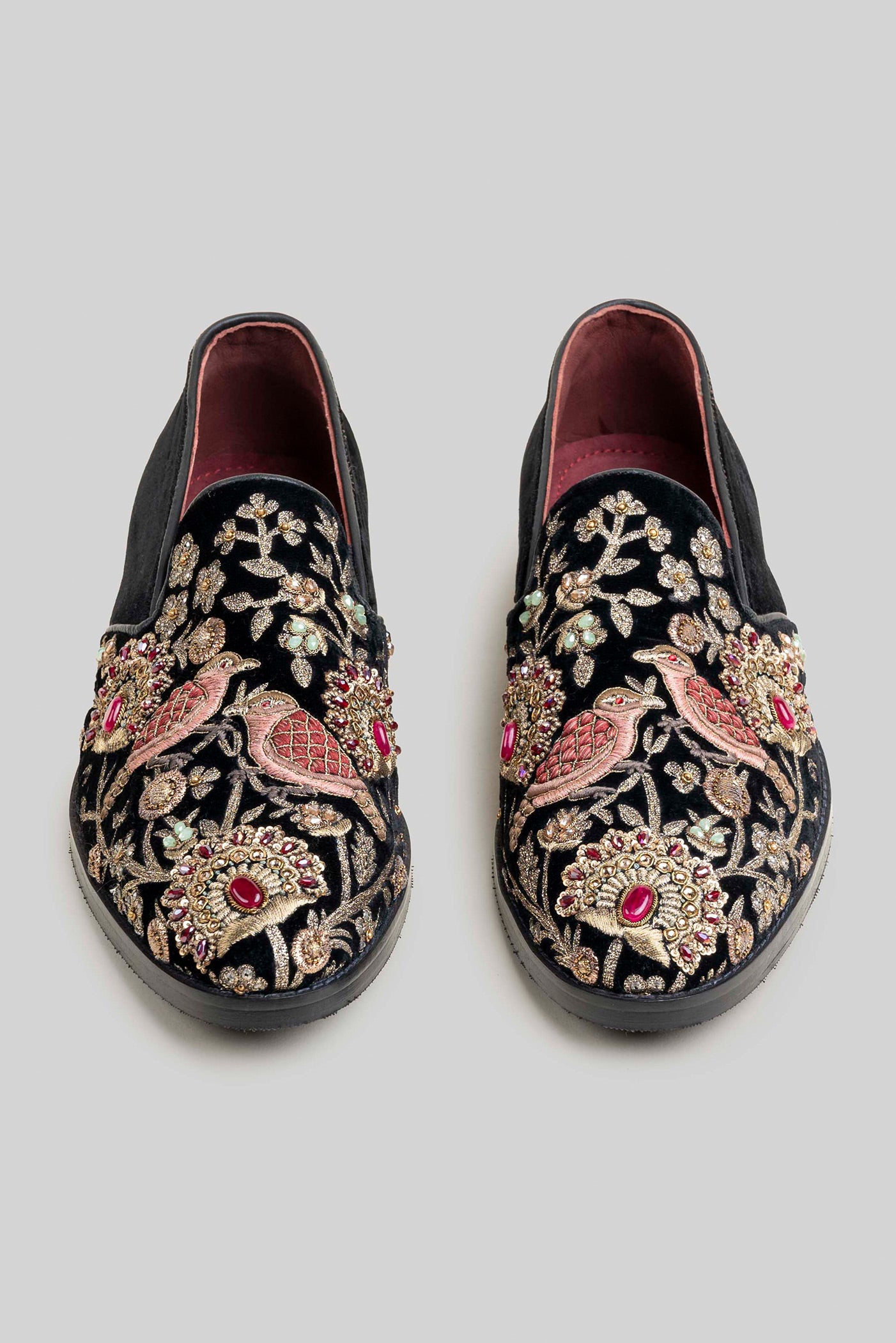 Rich Black Embroidered Velvet Loafers