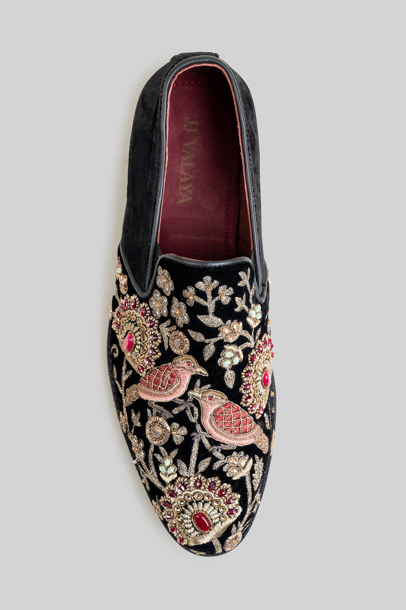 Rich Black Embroidered Velvet Loafers