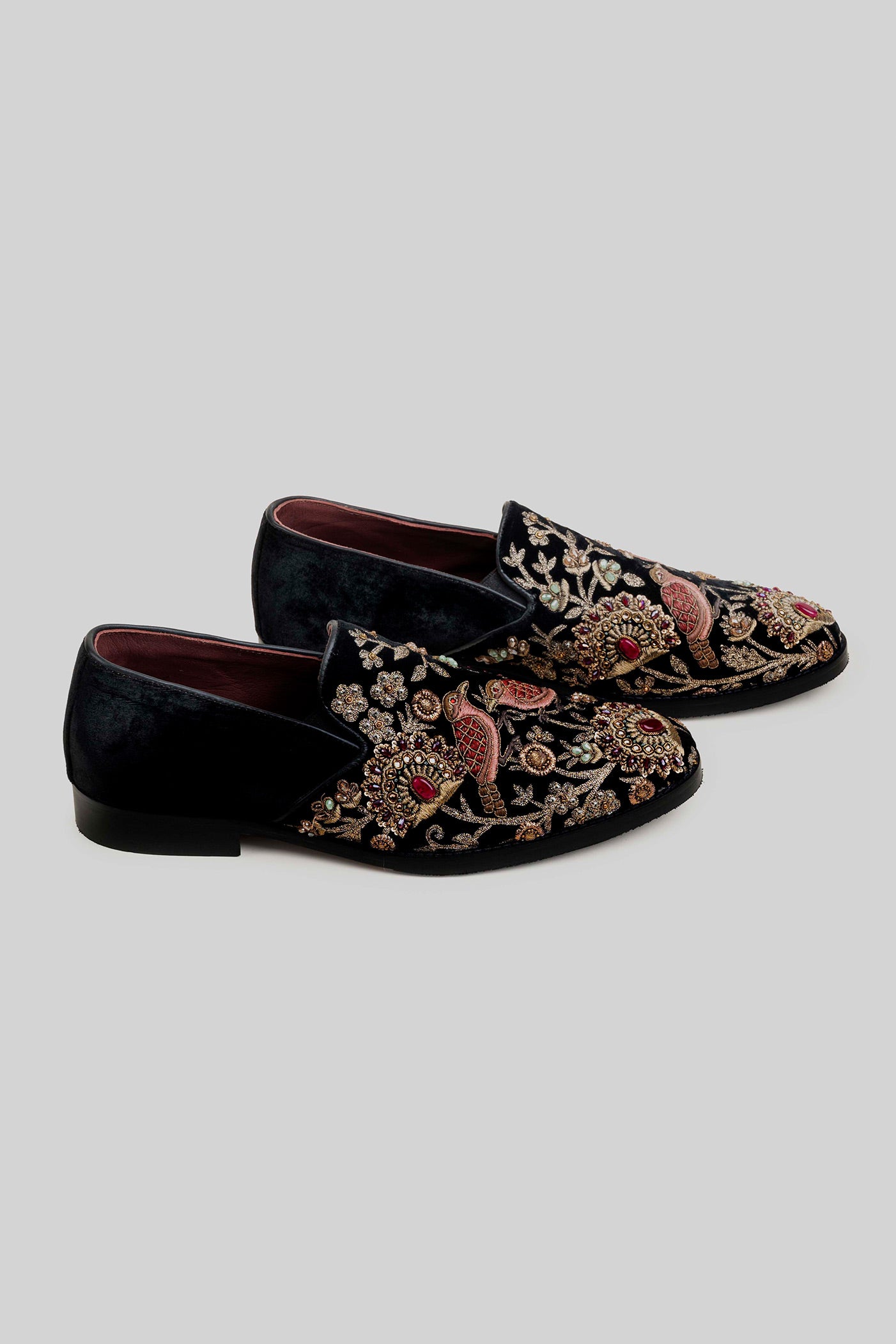 Rich Black Embroidered Velvet Loafers