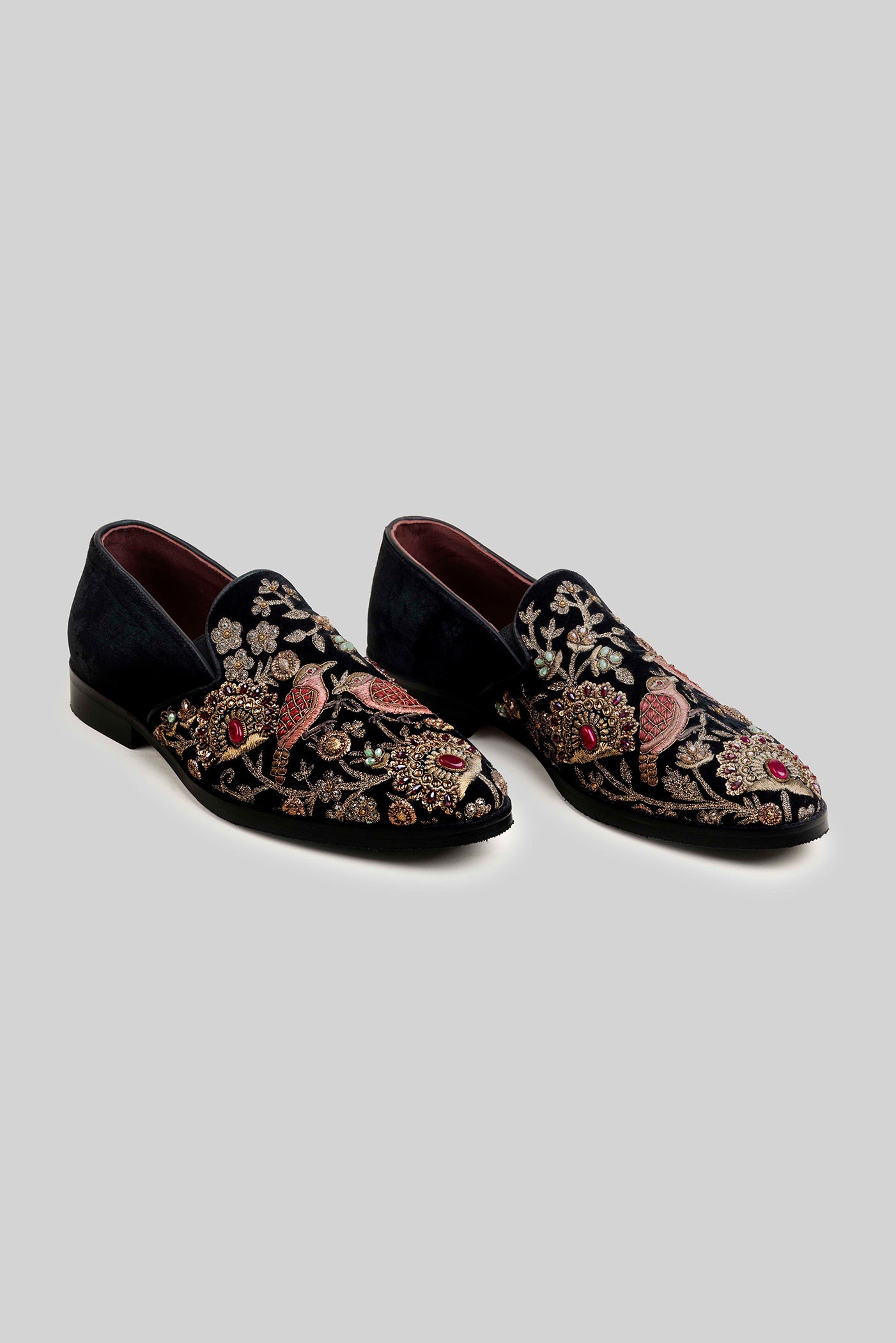 Rich Black Embroidered Velvet Loafers