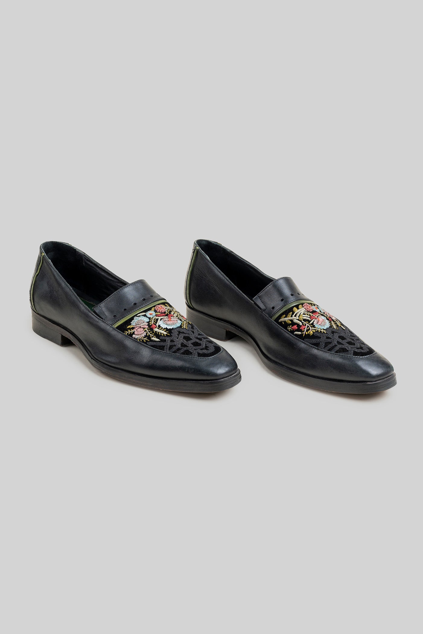 Rich Black Embroidered Loafers