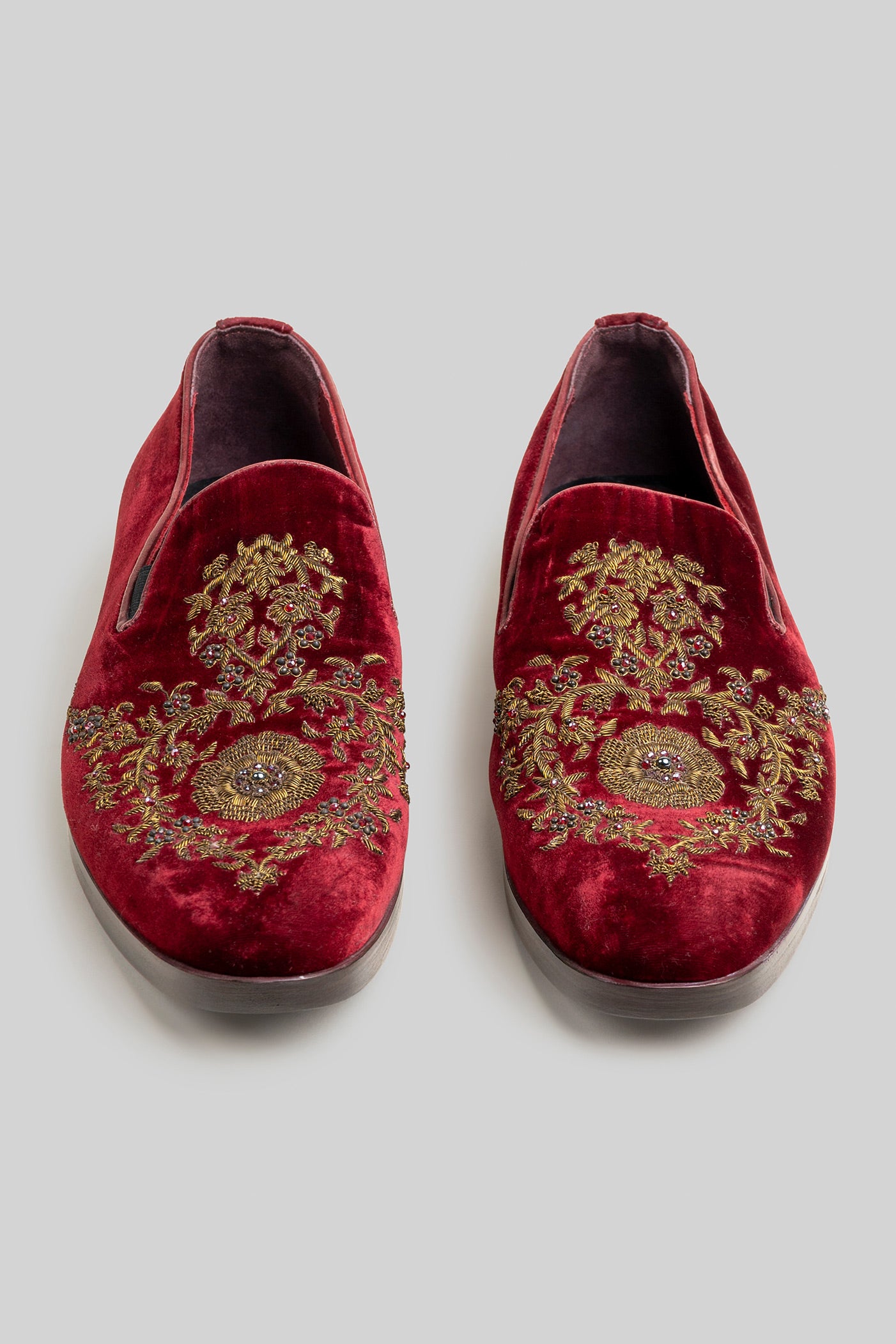 Burgundy Embroidered Velvet Loafers - Main Image