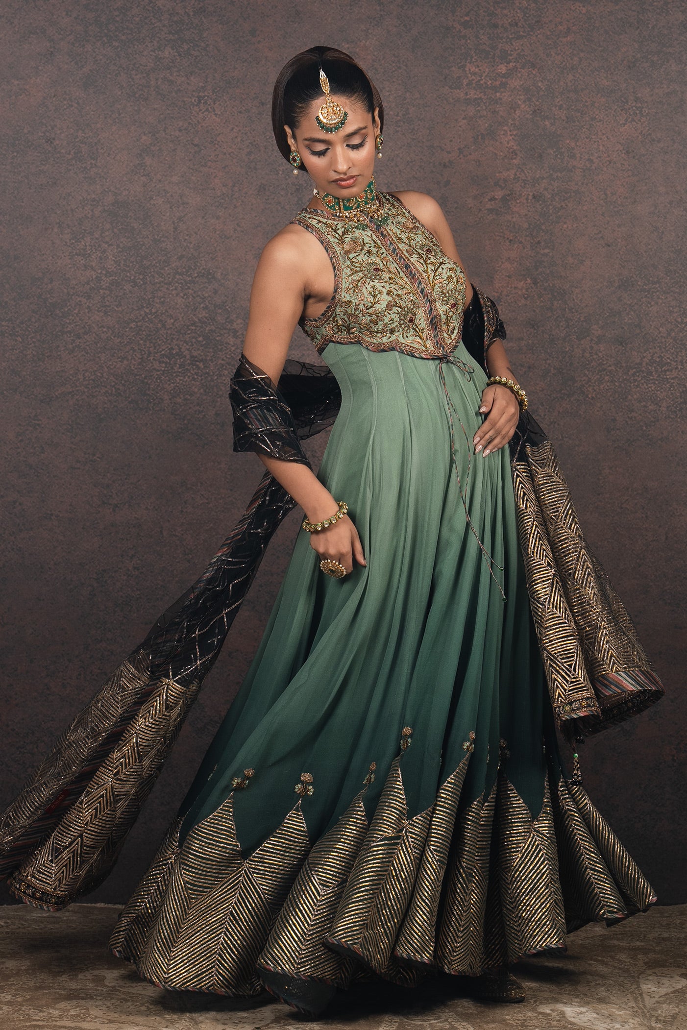 Sage - Emerald Ombre Anarkali Set | MURAQQA