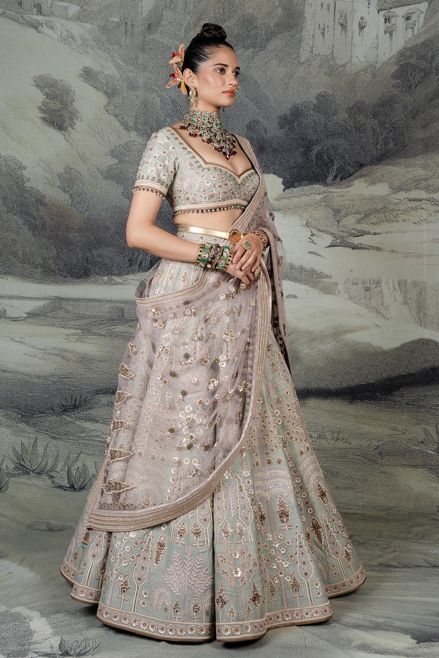 Sage Green - Pink Lehenga Set | BARODA