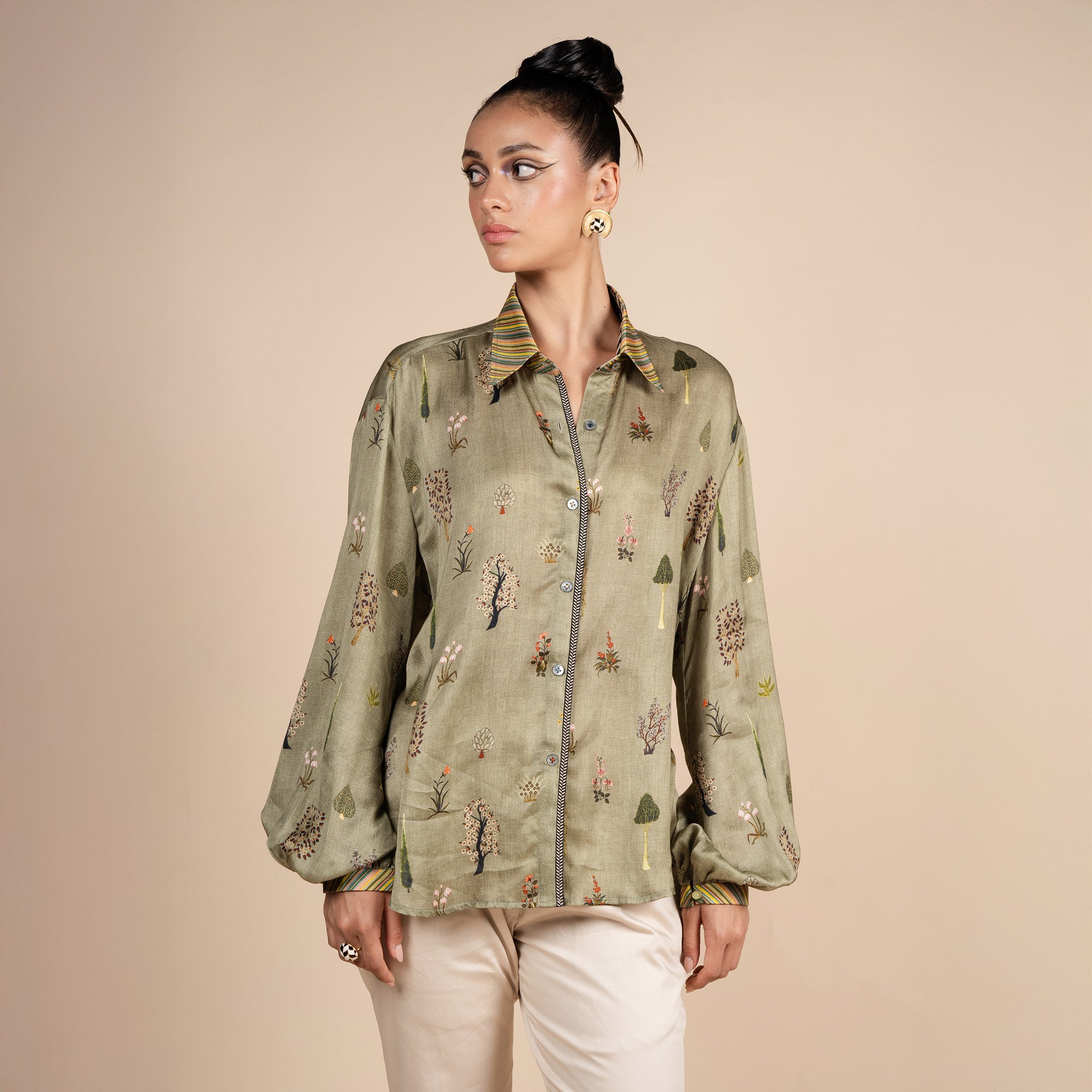 Sage Green Printed Shirt | PANJ