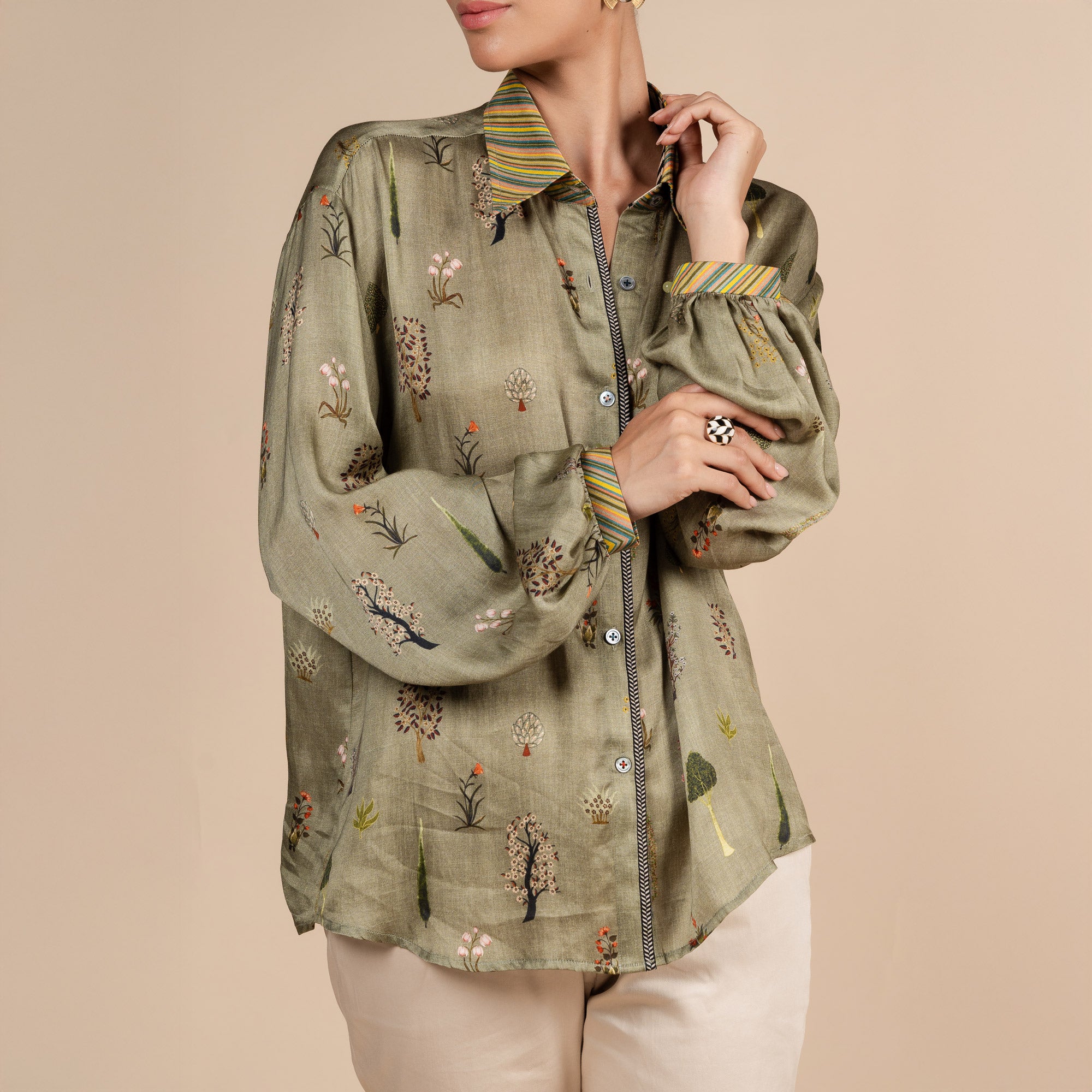 Sage Green Printed Shirt | PANJ