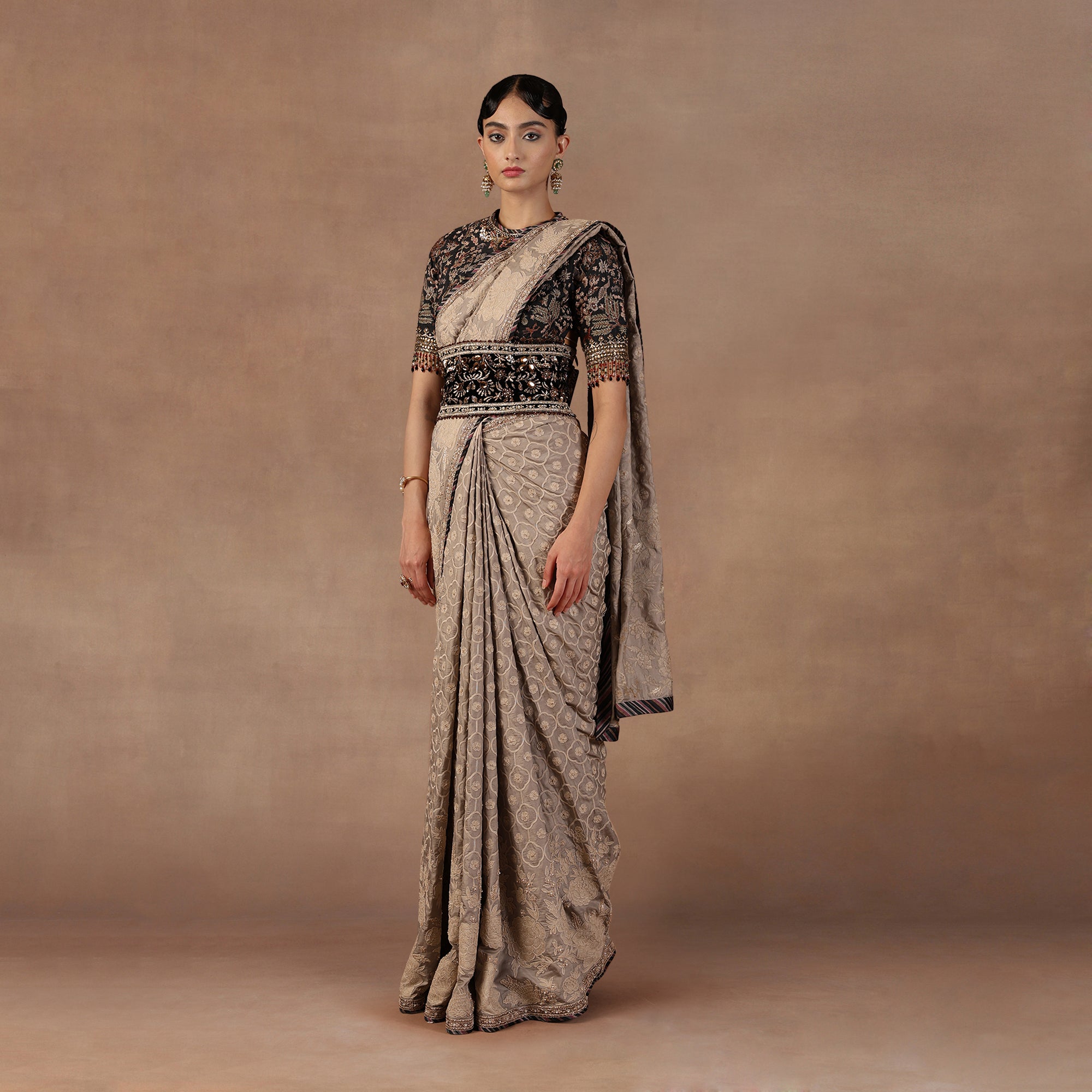 Taupe - MIdnight Blue Saree Set | EAST