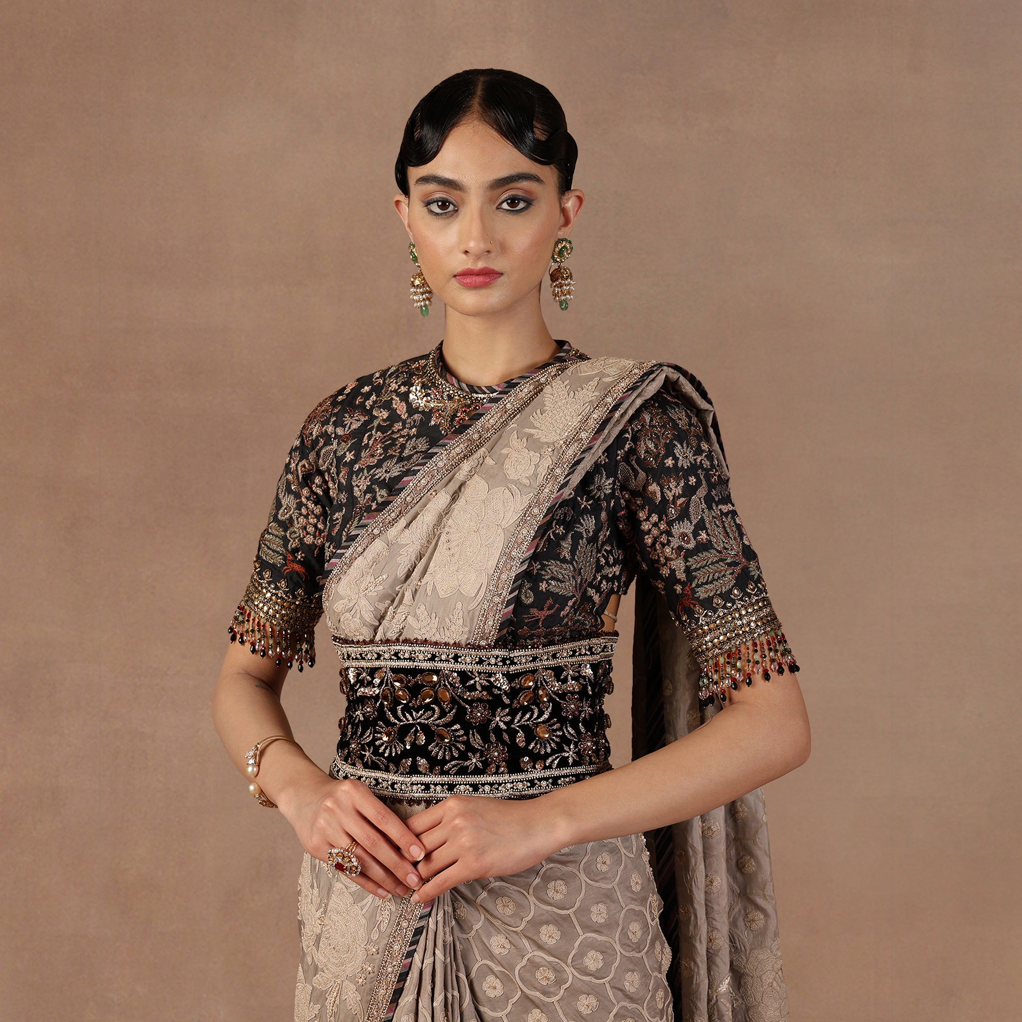 Taupe - MIdnight Blue Saree Set | EAST