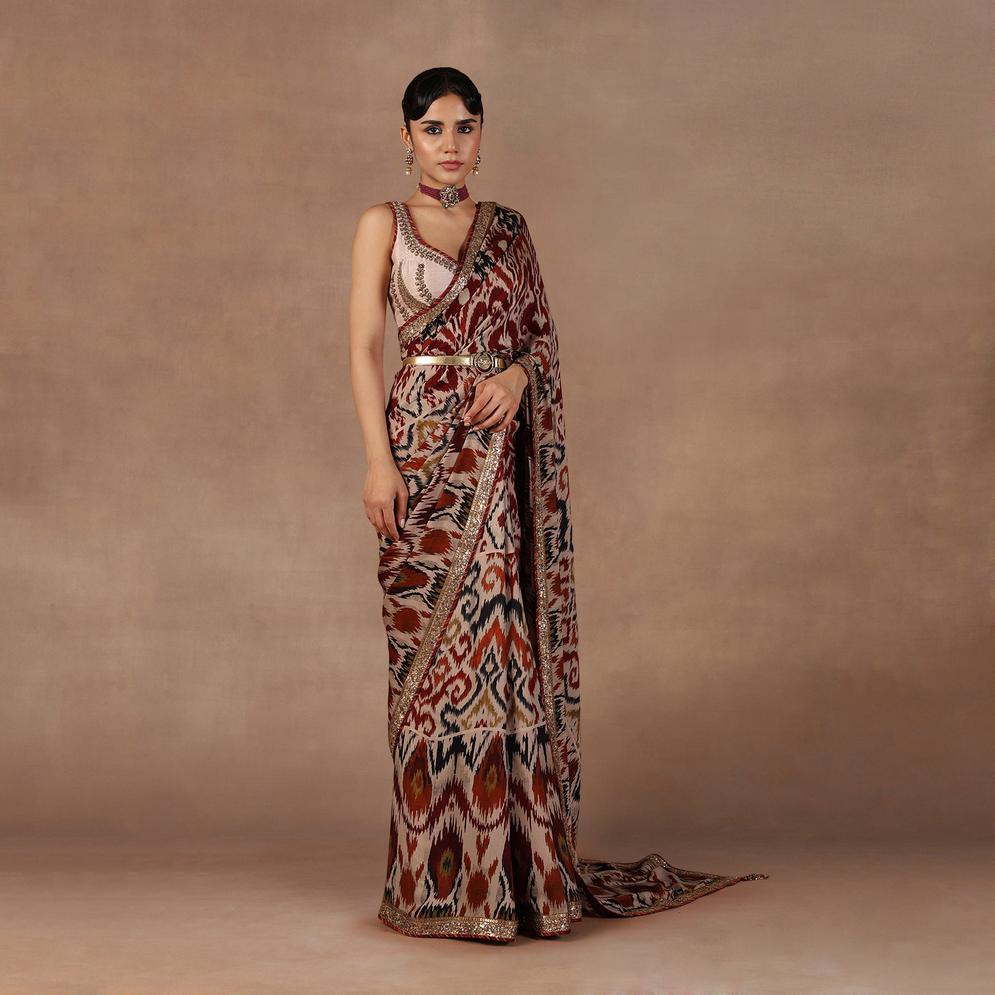 Taupe - Multihued Ikat Saree Set | EAST