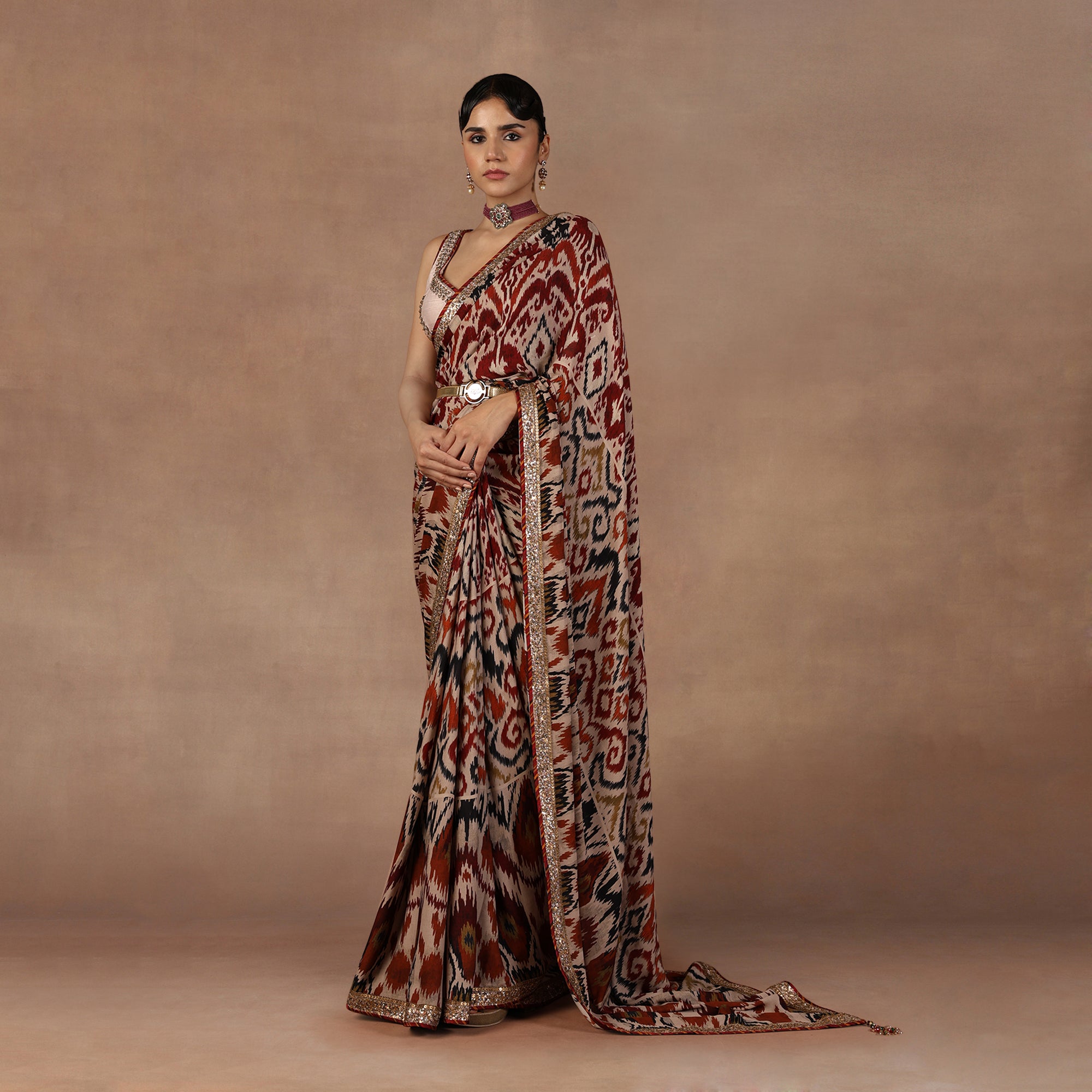 Taupe - Multihued Ikat Saree Set | EAST