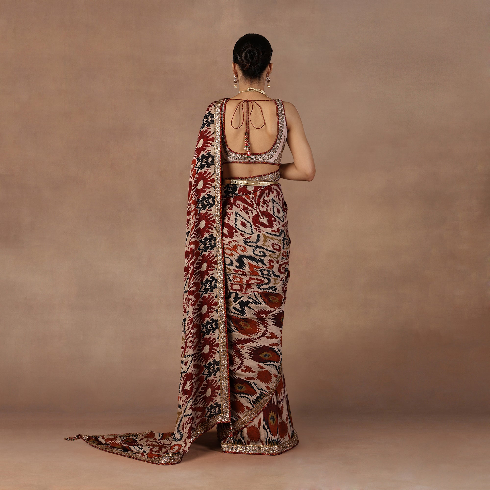 Taupe - Multihued Ikat Saree Set | EAST