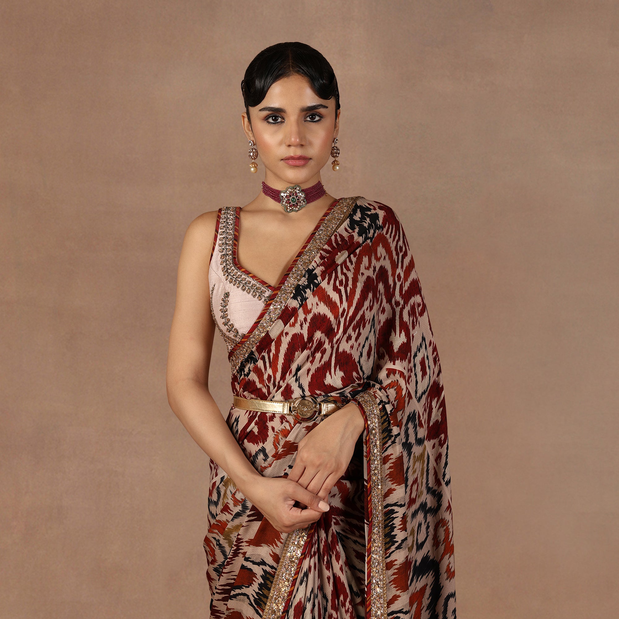 Taupe - Multihued Ikat Saree Set | EAST