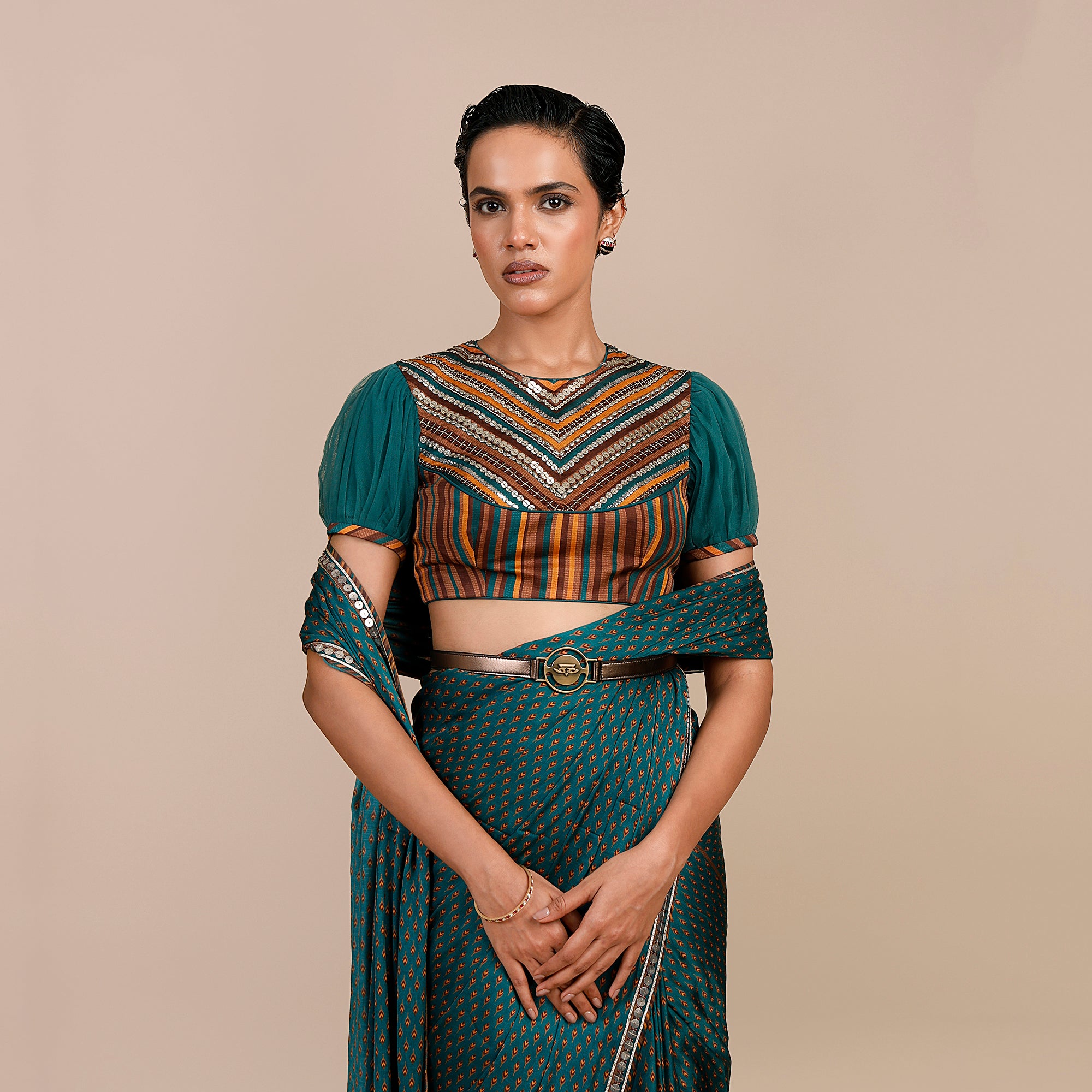 Teal Green - Mustard Yellow Saree Set | SATT