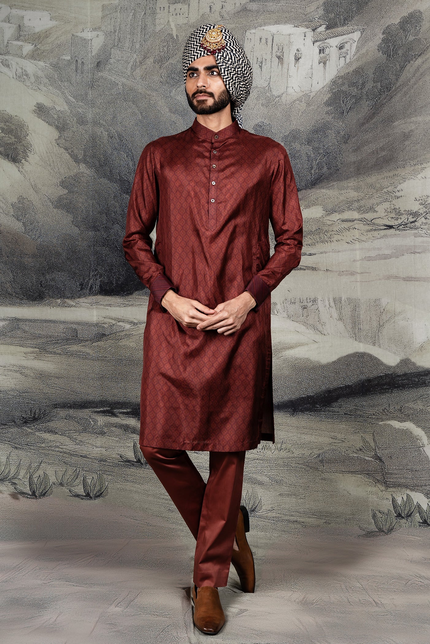 Vintage Maroon Printed Kurta Set | BARODA