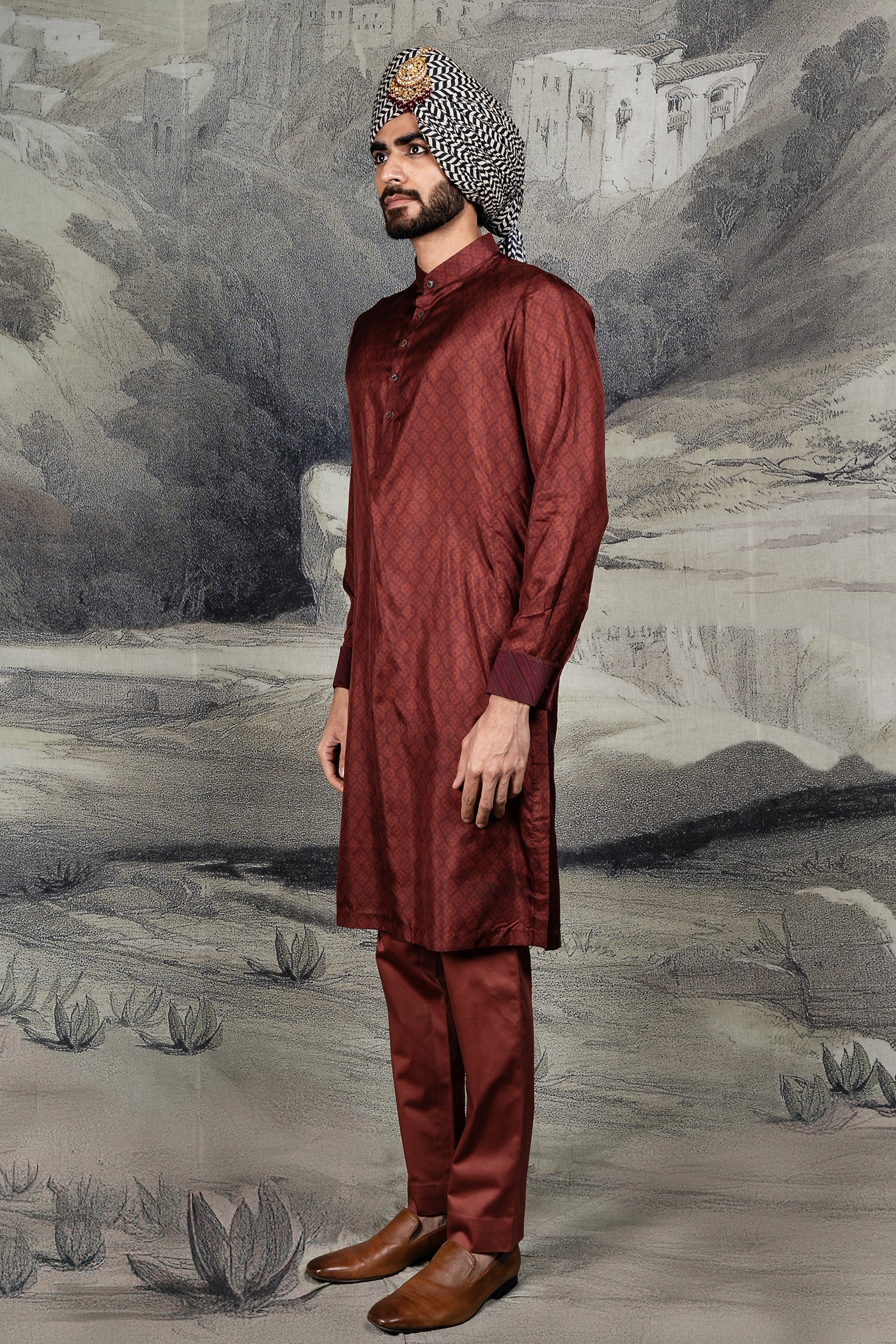 Vintage Maroon Printed Kurta Set | BARODA