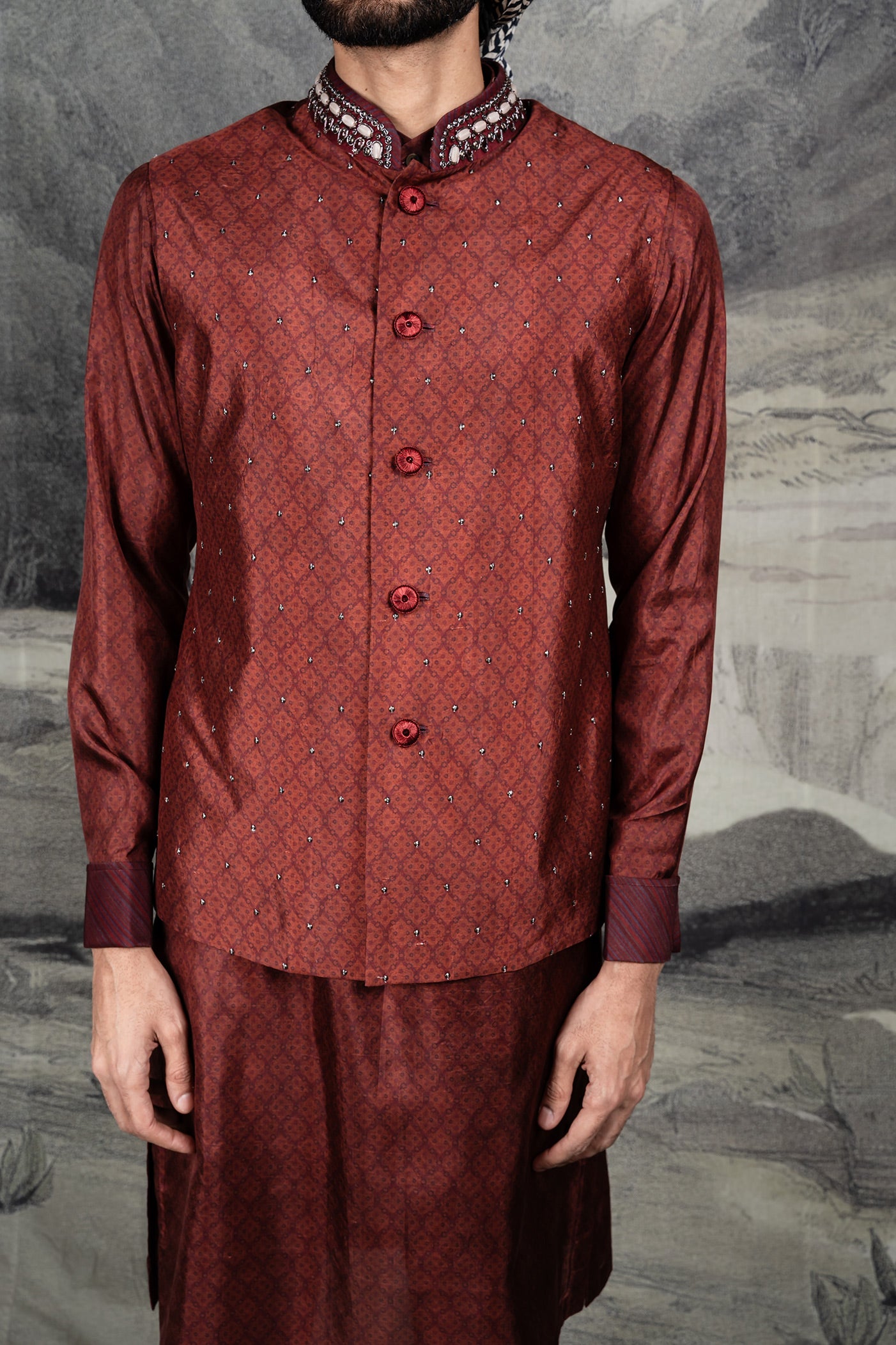 Vintage Red Monochrome Nehru Jacket Set | BARODA