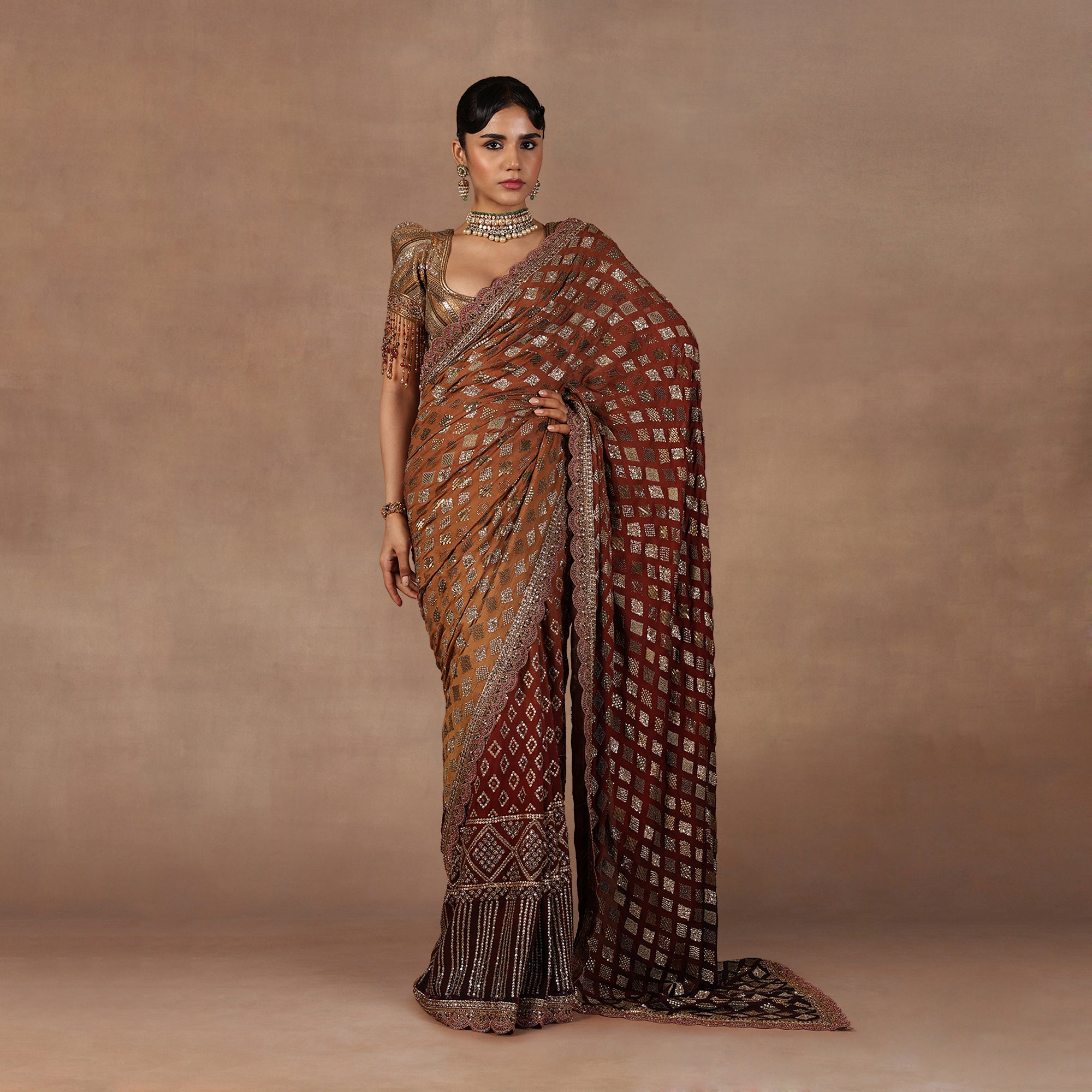 Walnut - Red Ombre Saree Set | EAST