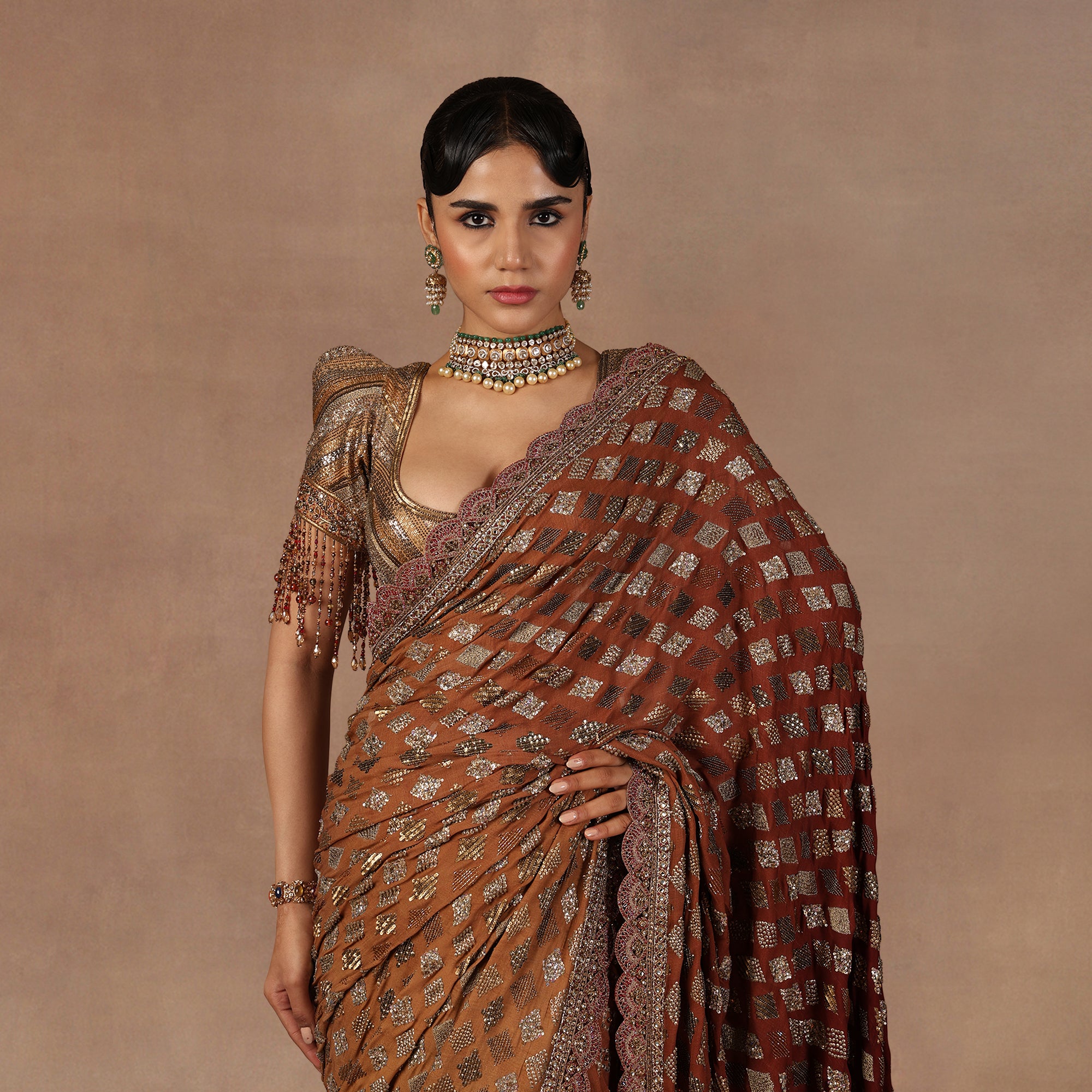 Walnut - Red Ombre Saree Set | EAST